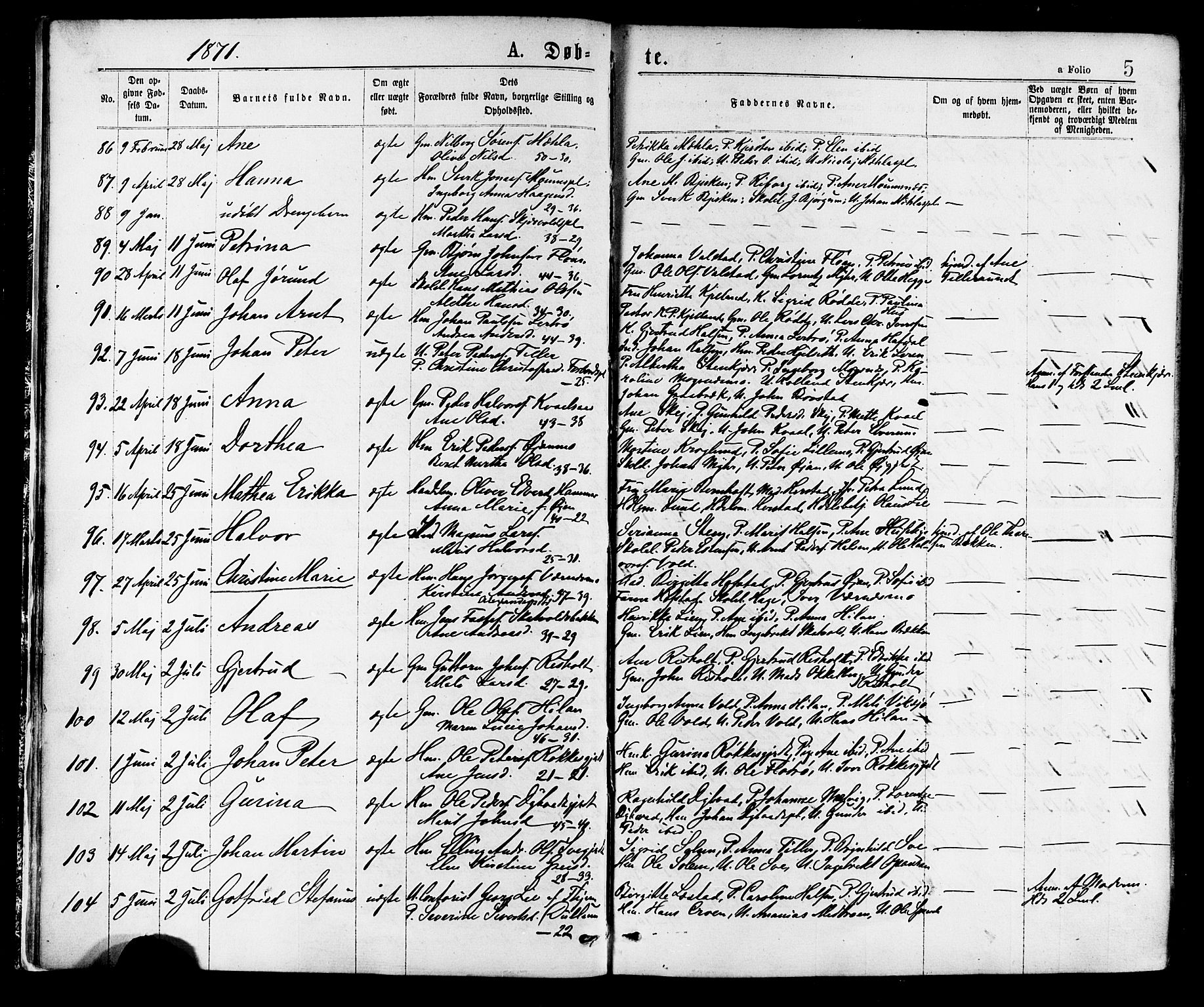 Ministerialprotokoller, klokkerbøker og fødselsregistre - Nord-Trøndelag, SAT/A-1458/709/L0076: Parish register (official) no. 709A16, 1871-1879, p. 5