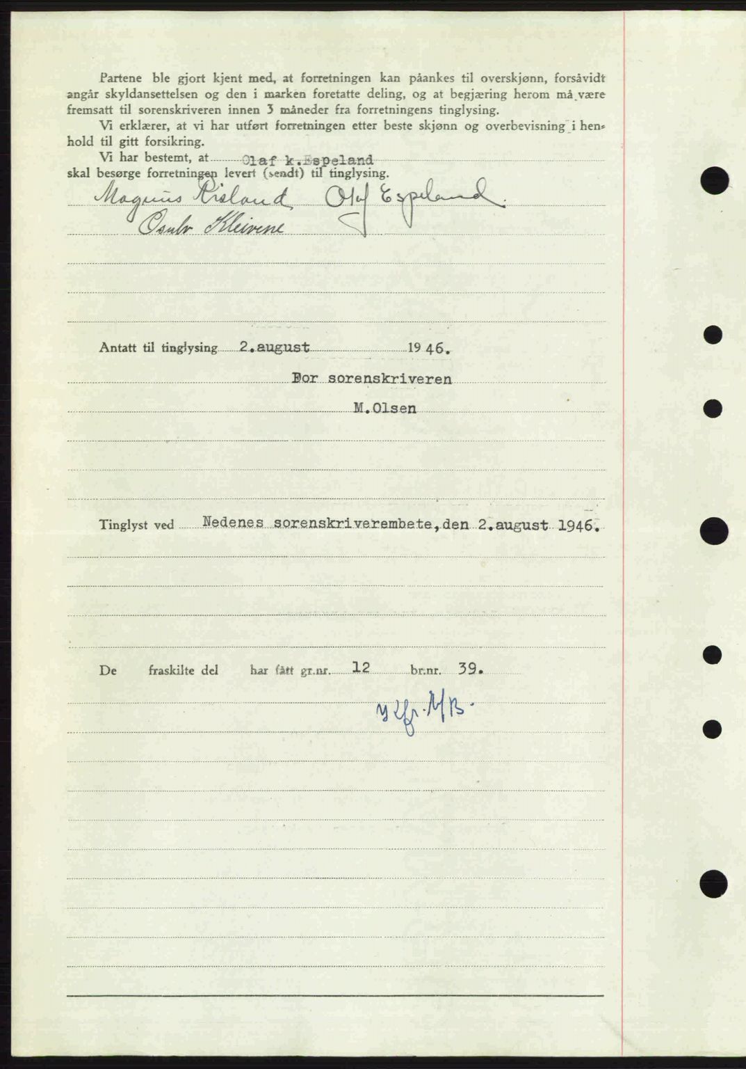 Nedenes sorenskriveri, AV/SAK-1221-0006/G/Gb/Gba/L0055: Mortgage book no. A7, 1946-1946, Diary no: : 865/1946