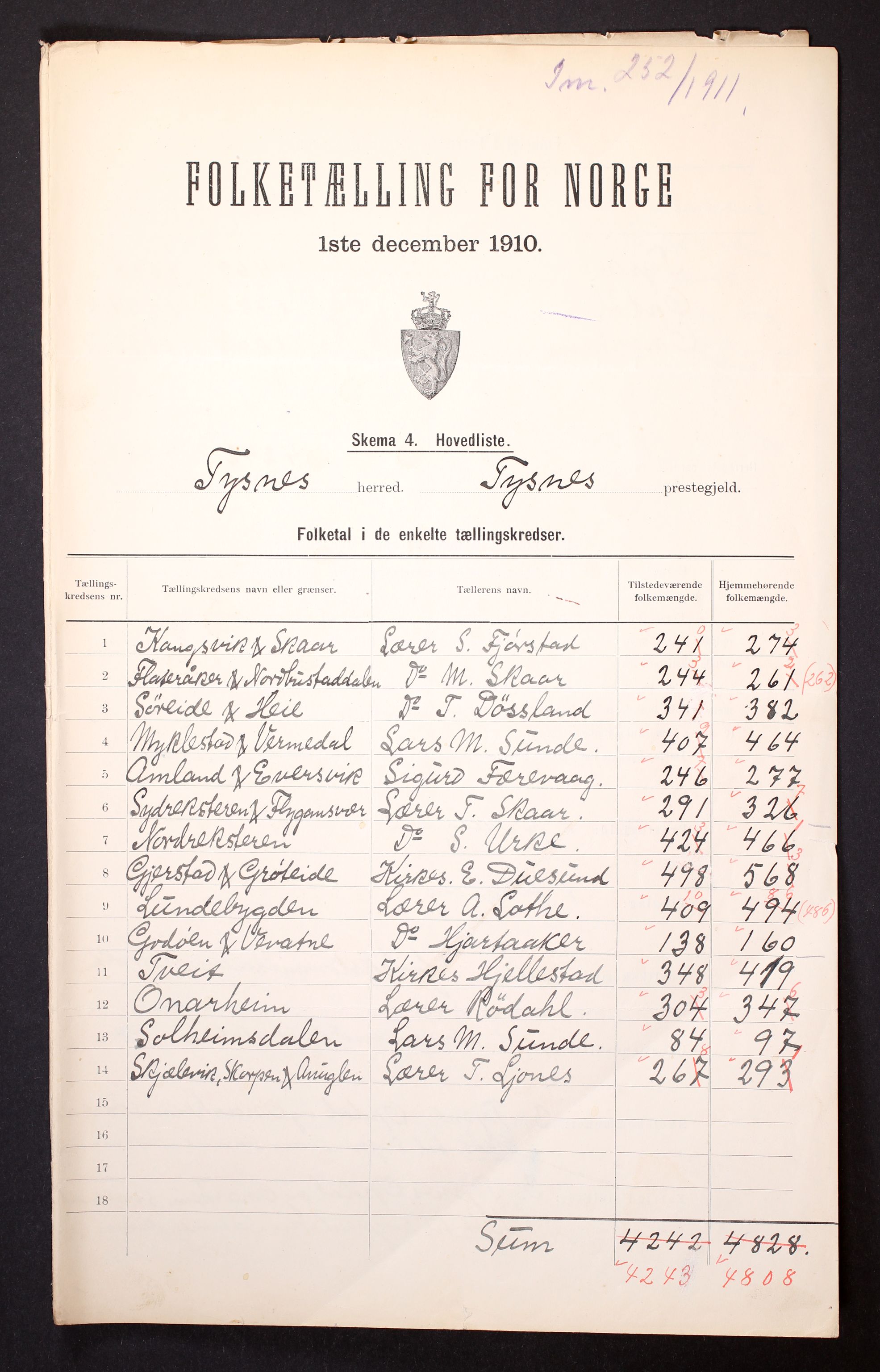 RA, 1910 census for Tysnes, 1910, p. 2