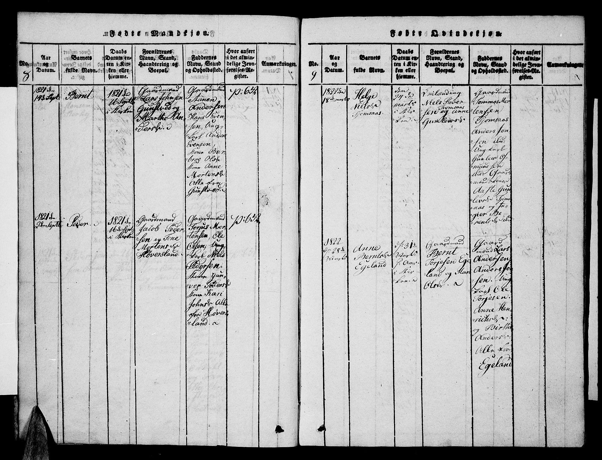 Vennesla sokneprestkontor, AV/SAK-1111-0045/Fa/Faa/L0003: Parish register (official) no. A 3, 1820-1834, p. 8-9