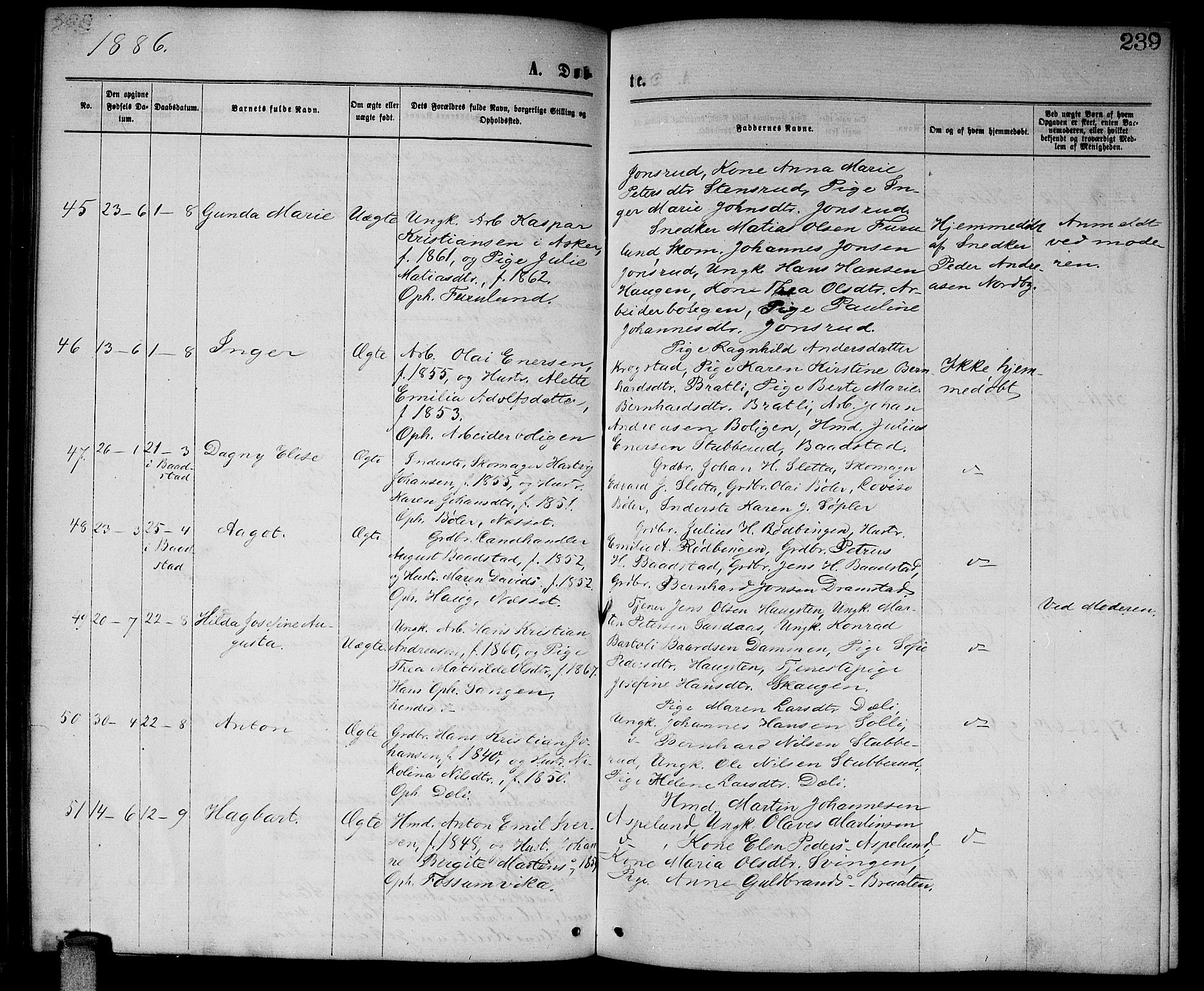 Enebakk prestekontor Kirkebøker, AV/SAO-A-10171c/G/Ga/L0005: Parish register (copy) no. I 5, 1867-1888, p. 239