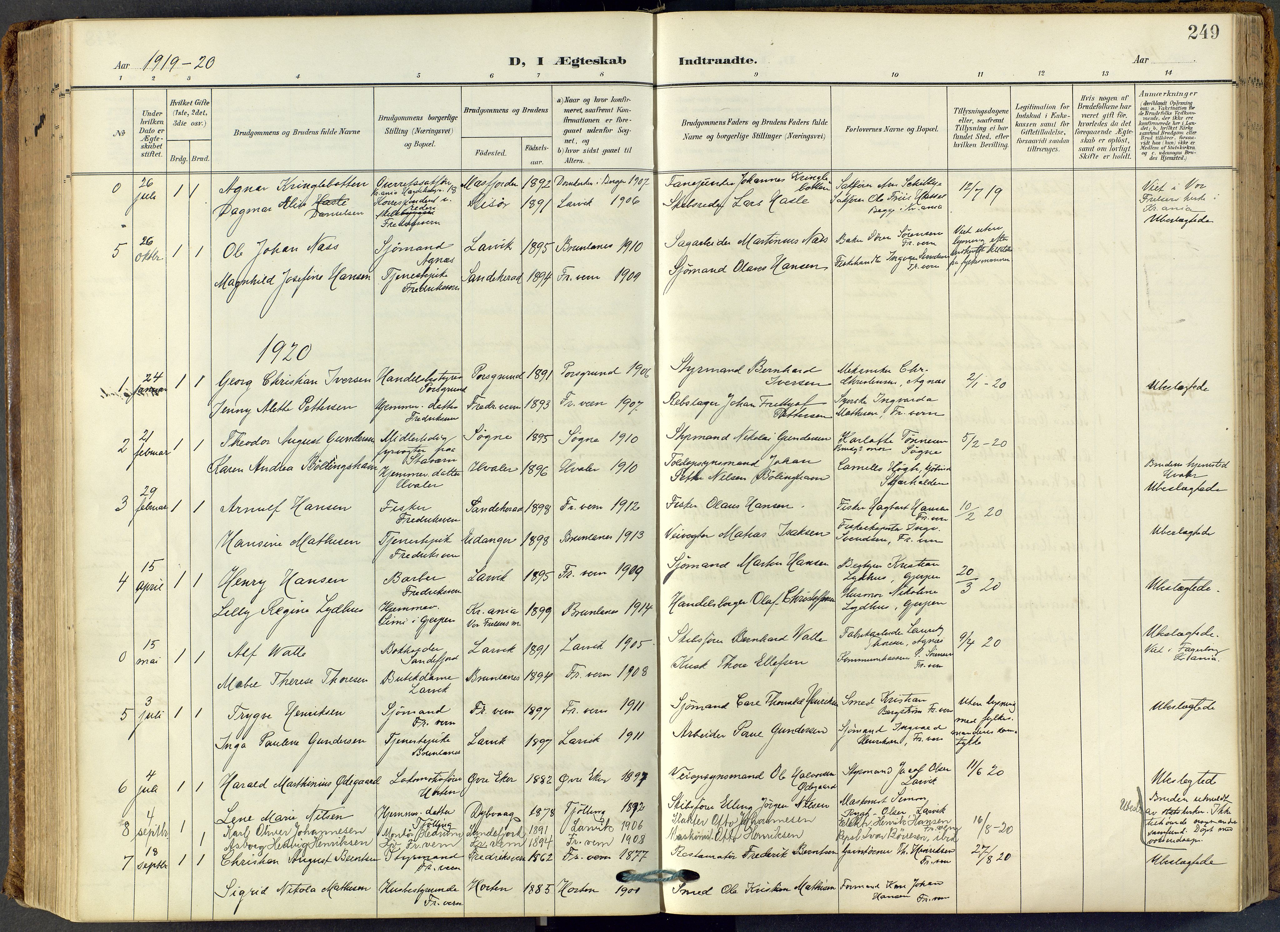 Stavern kirkebøker, SAKO/A-318/F/Fa/L0009: Parish register (official) no. 9, 1906-1955, p. 249