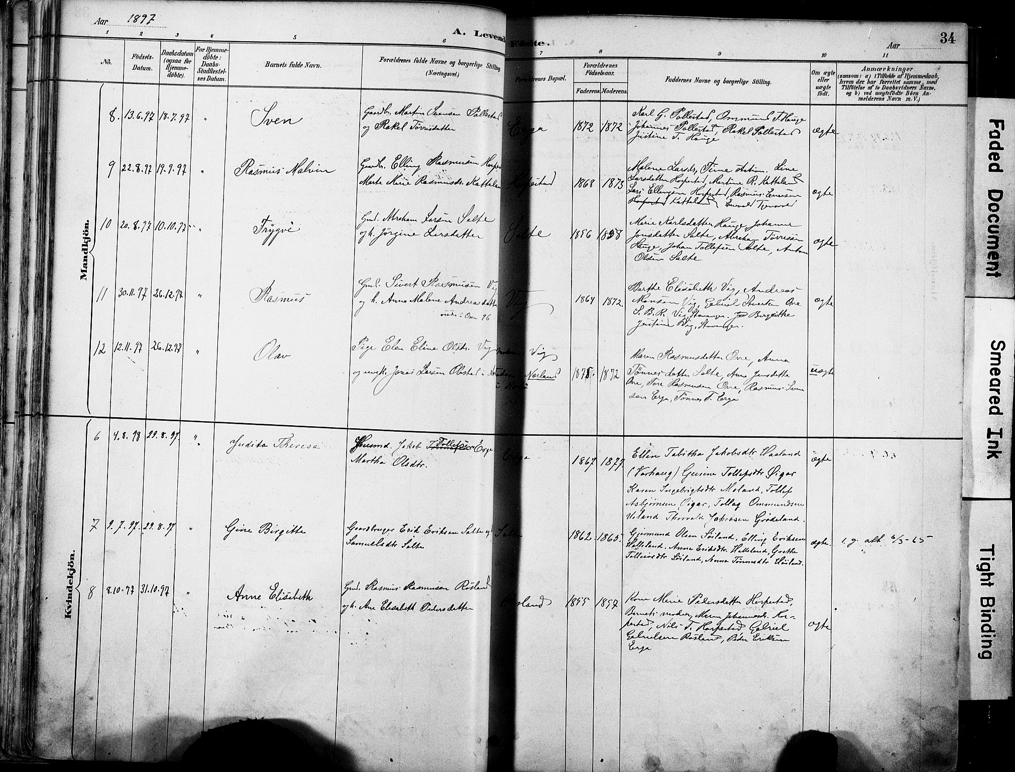 Klepp sokneprestkontor, AV/SAST-A-101803/001/3/30BA/L0007: Parish register (official) no. A 8, 1886-1912, p. 34