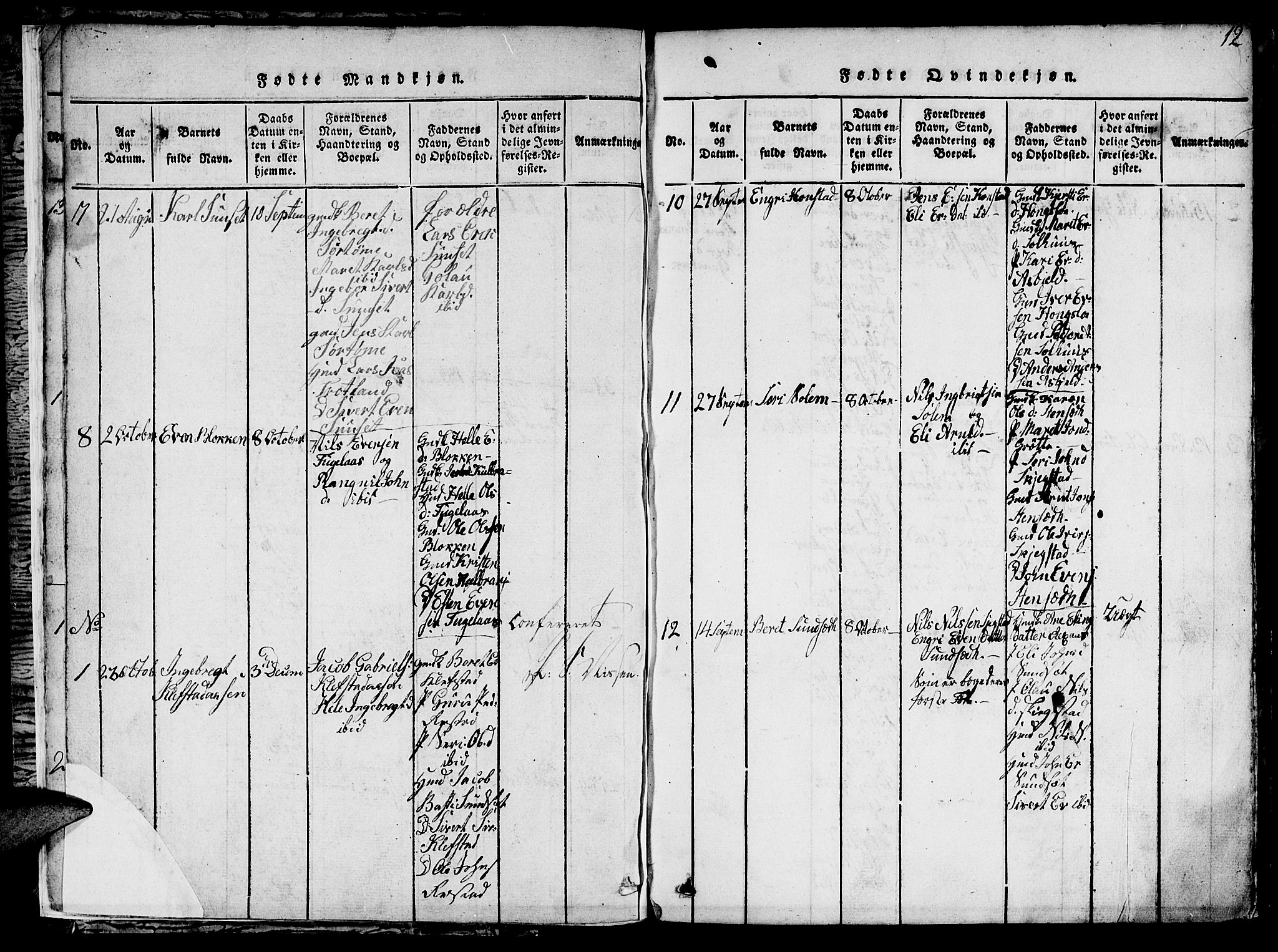 Ministerialprotokoller, klokkerbøker og fødselsregistre - Sør-Trøndelag, SAT/A-1456/694/L1130: Parish register (copy) no. 694C02, 1816-1857, p. 12