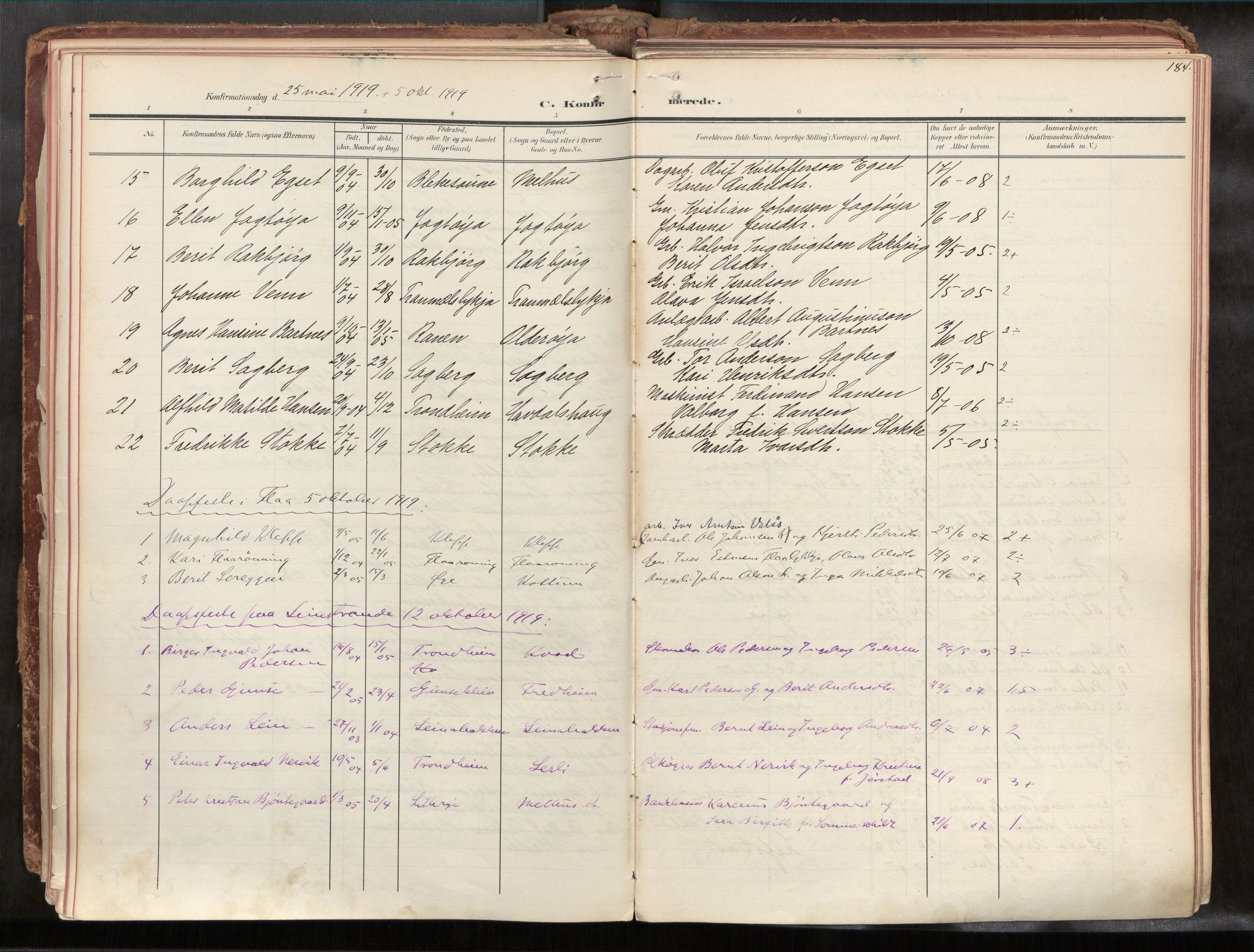 Ministerialprotokoller, klokkerbøker og fødselsregistre - Sør-Trøndelag, AV/SAT-A-1456/691/L1085b: Parish register (official) no. 691A18, 1908-1930, p. 184