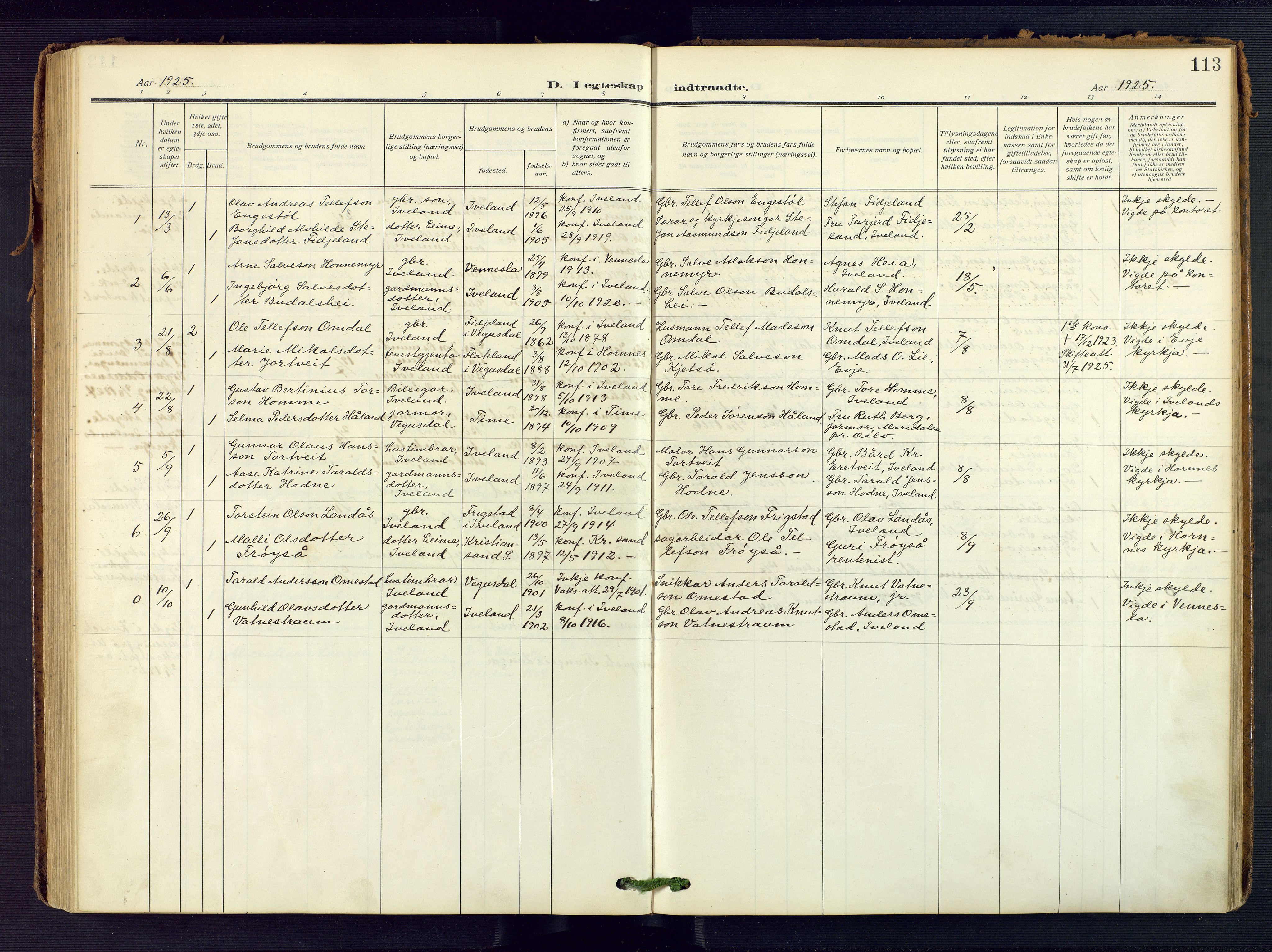 Evje sokneprestkontor, SAK/1111-0008/F/Fa/Fac/L0004: Parish register (official) no. A 4, 1910-1932, p. 113