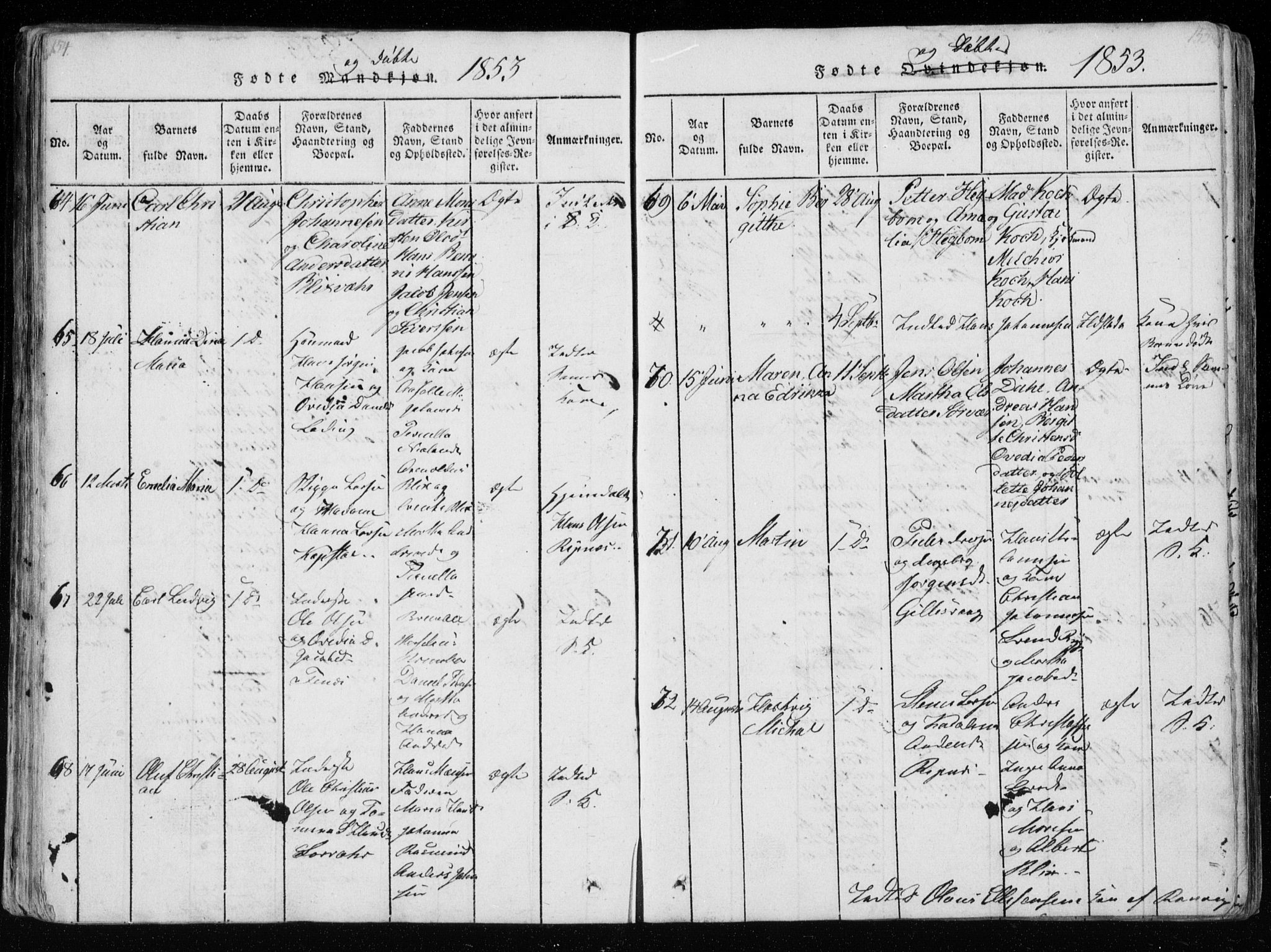 Ministerialprotokoller, klokkerbøker og fødselsregistre - Nordland, AV/SAT-A-1459/801/L0026: Parish register (copy) no. 801C01, 1820-1855, p. 154-155