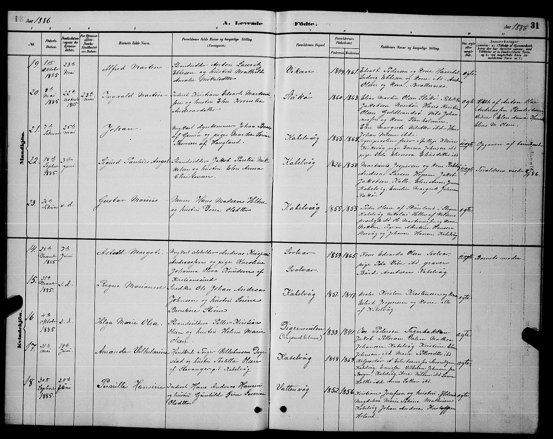 Ministerialprotokoller, klokkerbøker og fødselsregistre - Nordland, AV/SAT-A-1459/874/L1076: Parish register (copy) no. 874C05, 1884-1890, p. 31