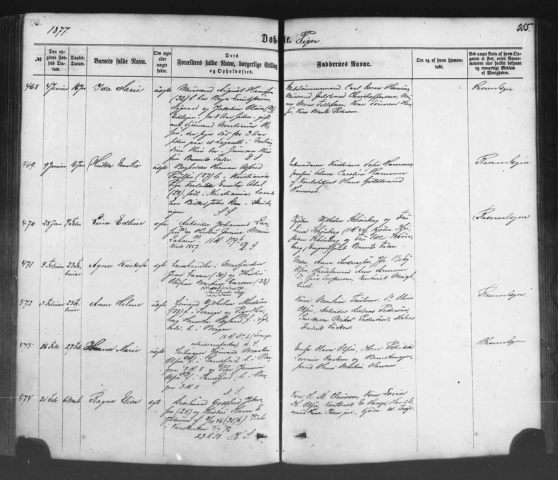 Fødselsstiftelsens sokneprestembete*, SAB/-: Parish register (official) no. A 1, 1863-1883, p. 255