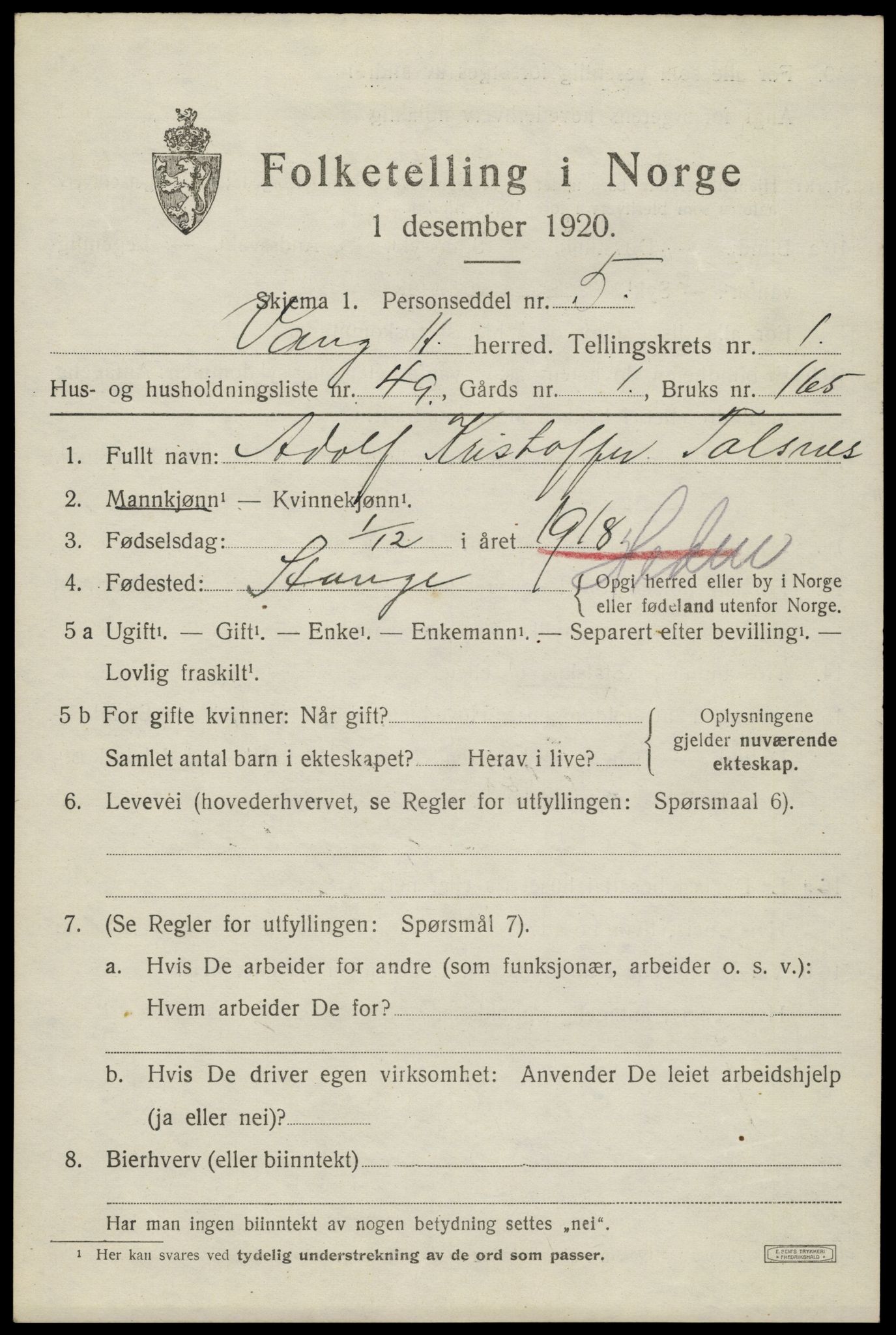 SAH, 1920 census for Vang (Hedmark), 1920, p. 3571