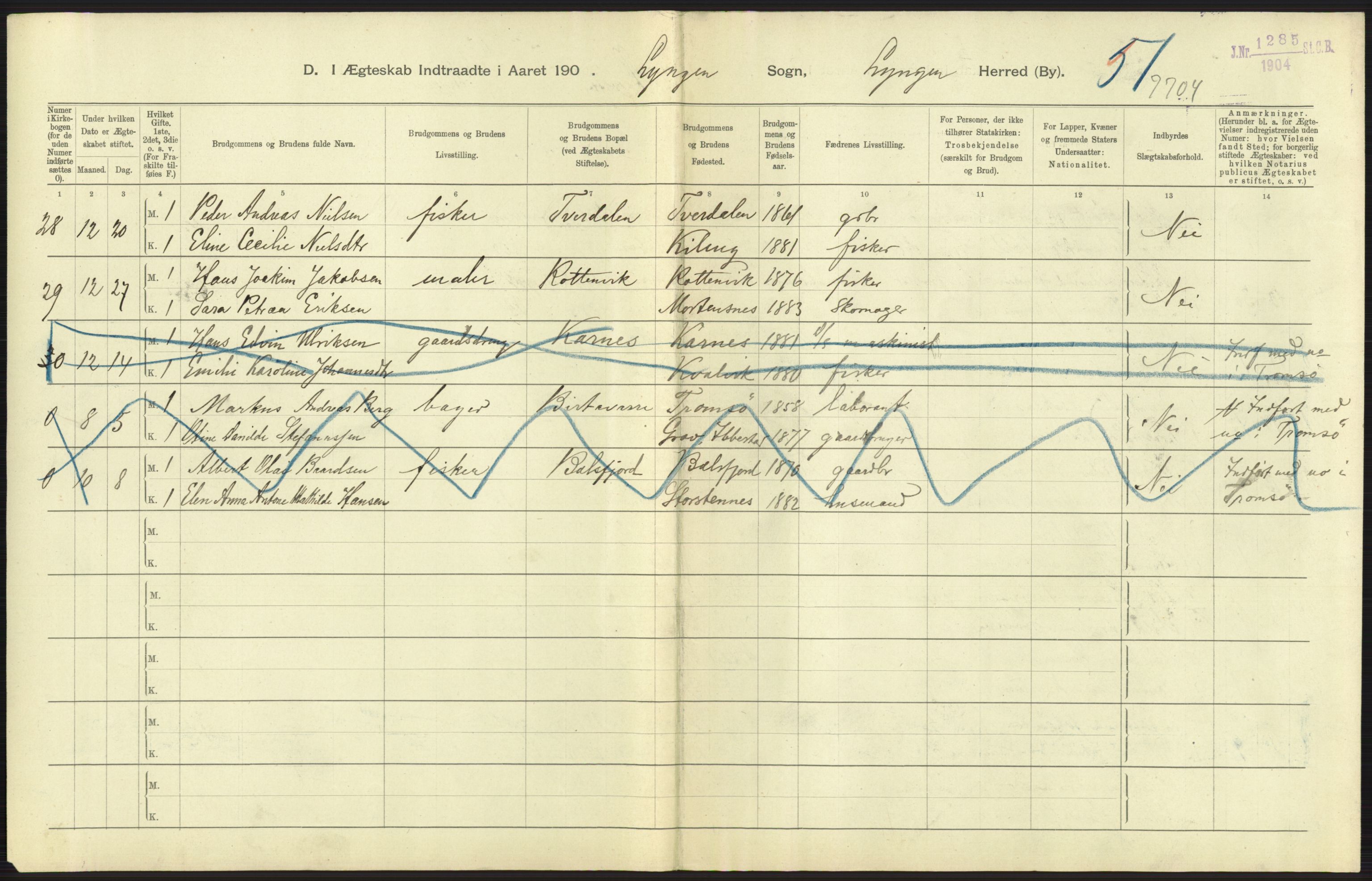 Statistisk sentralbyrå, Sosiodemografiske emner, Befolkning, AV/RA-S-2228/D/Df/Dfa/Dfaa/L0021: Tromsø amt: Fødte, gifte, døde., 1903, p. 313