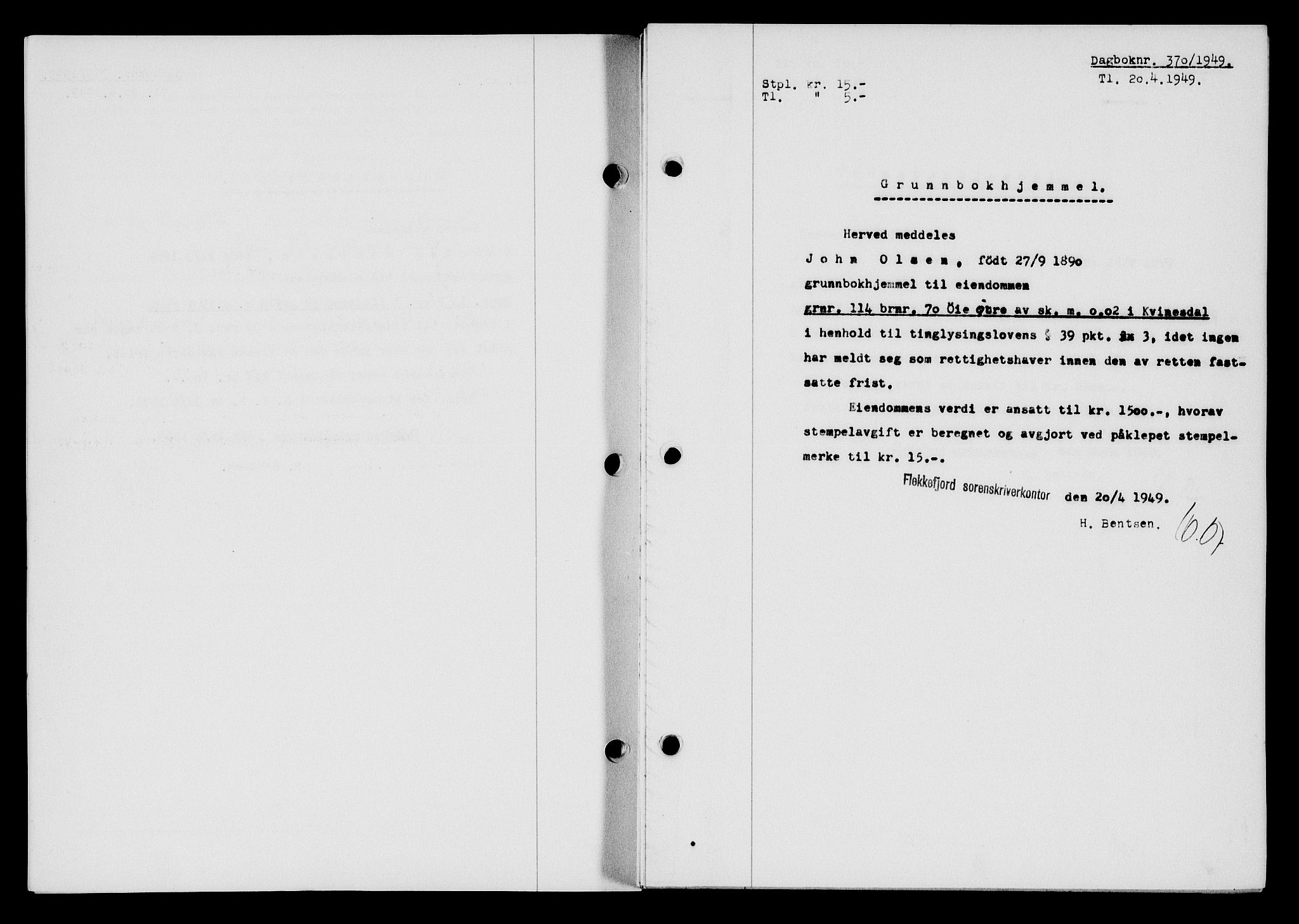 Flekkefjord sorenskriveri, SAK/1221-0001/G/Gb/Gba/L0065: Mortgage book no. A-13, 1949-1949, Diary no: : 370/1949