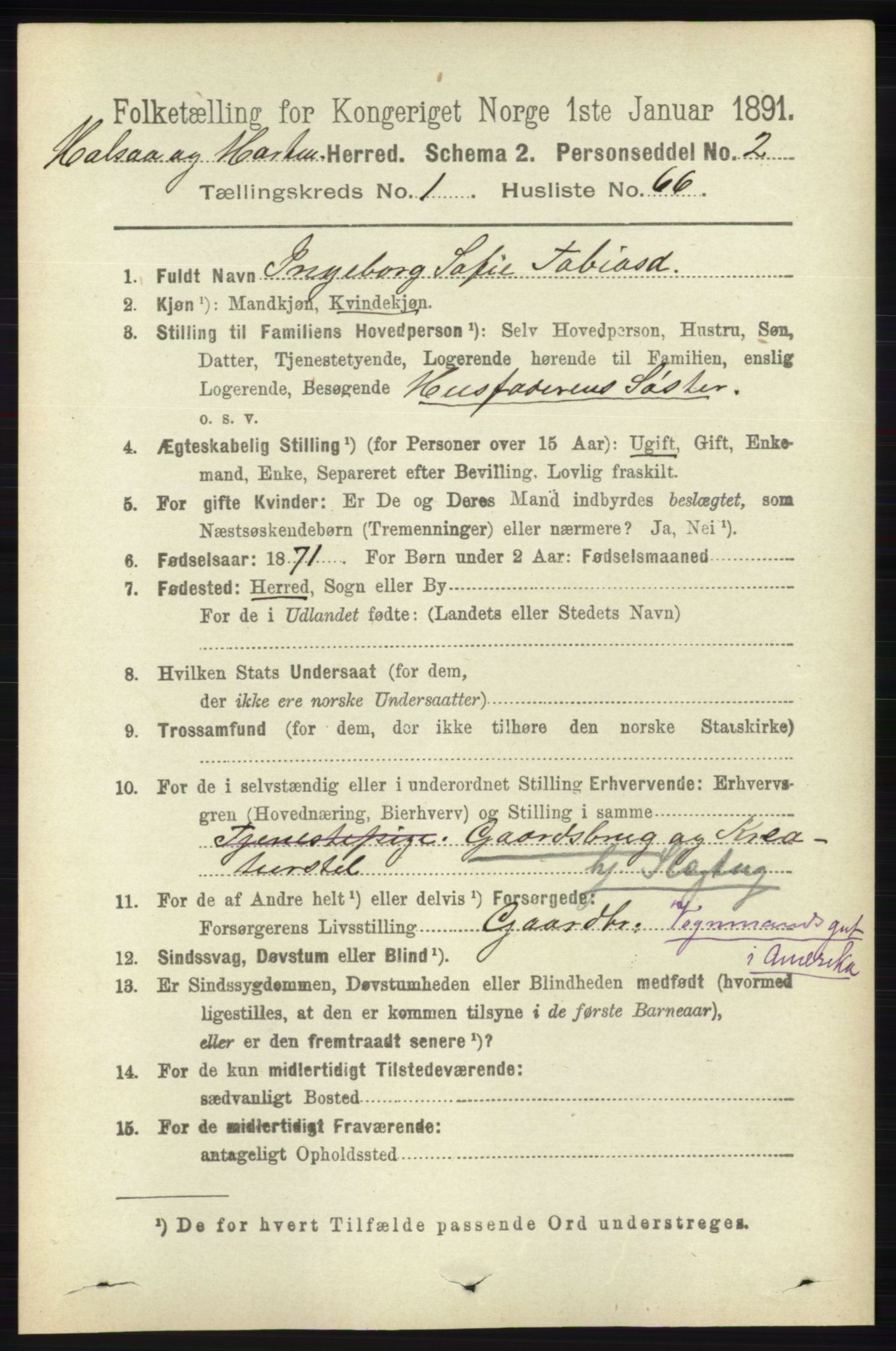 RA, 1891 census for 1019 Halse og Harkmark, 1891, p. 424