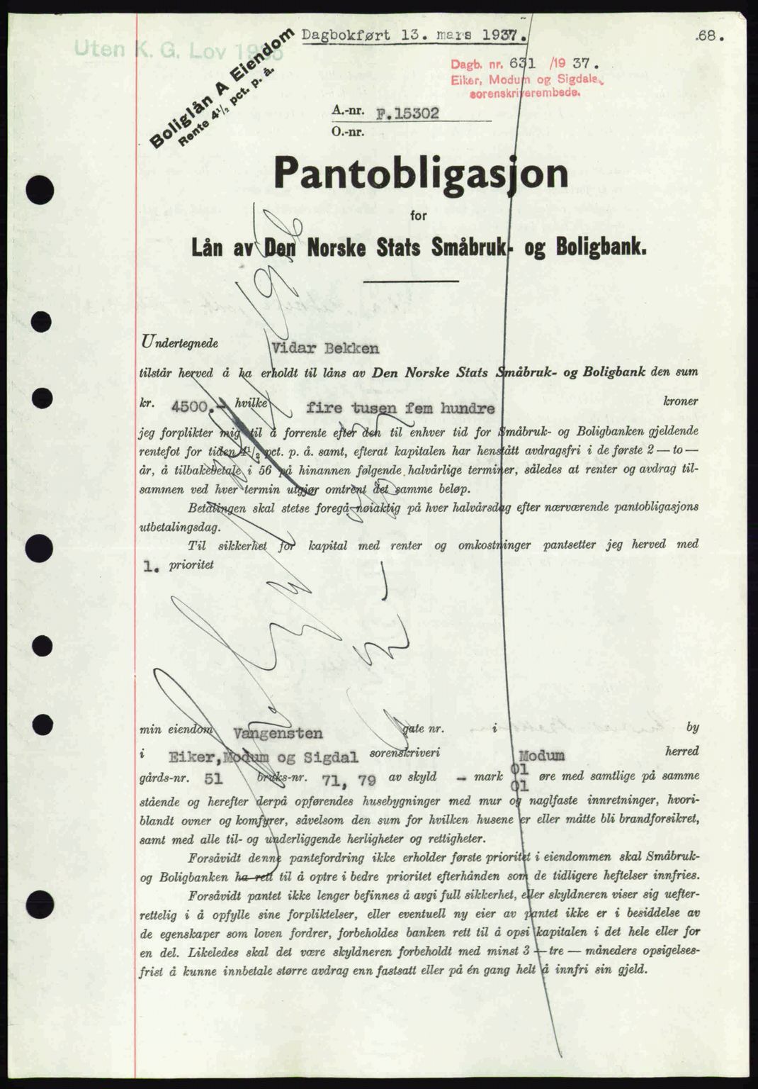 Eiker, Modum og Sigdal sorenskriveri, SAKO/A-123/G/Ga/Gab/L0035: Mortgage book no. A5, 1937-1937, Diary no: : 631/1937