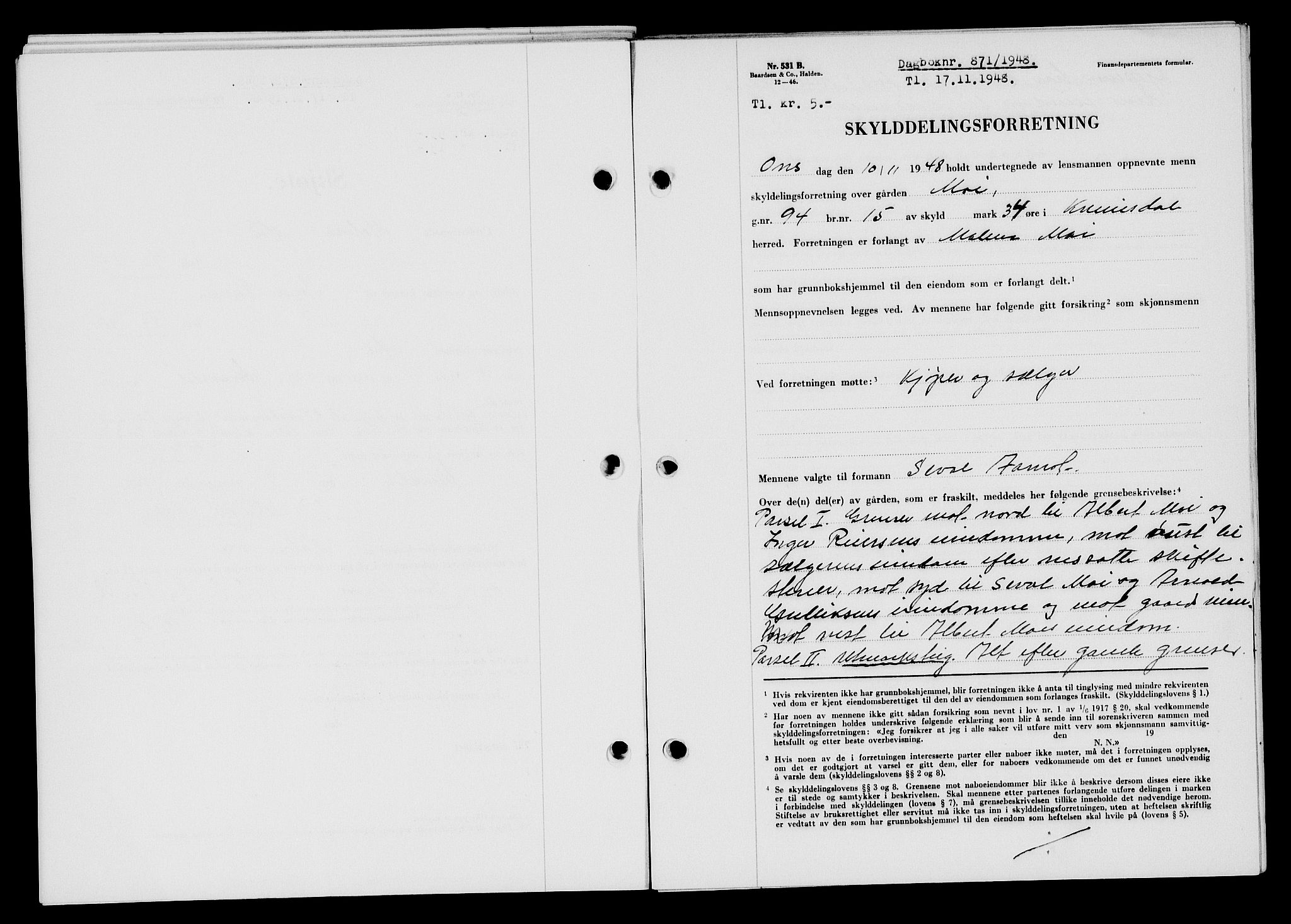 Flekkefjord sorenskriveri, SAK/1221-0001/G/Gb/Gba/L0064: Mortgage book no. A-12, 1948-1949, Diary no: : 871/1948