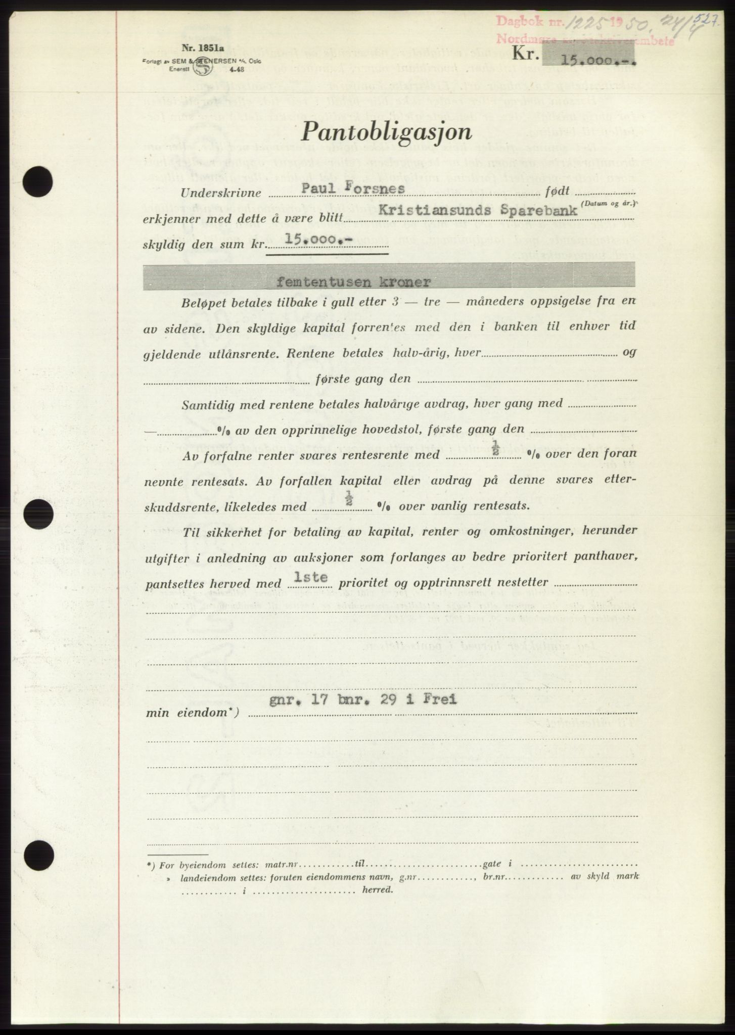 Nordmøre sorenskriveri, AV/SAT-A-4132/1/2/2Ca: Mortgage book no. B104, 1950-1950, Diary no: : 1225/1950