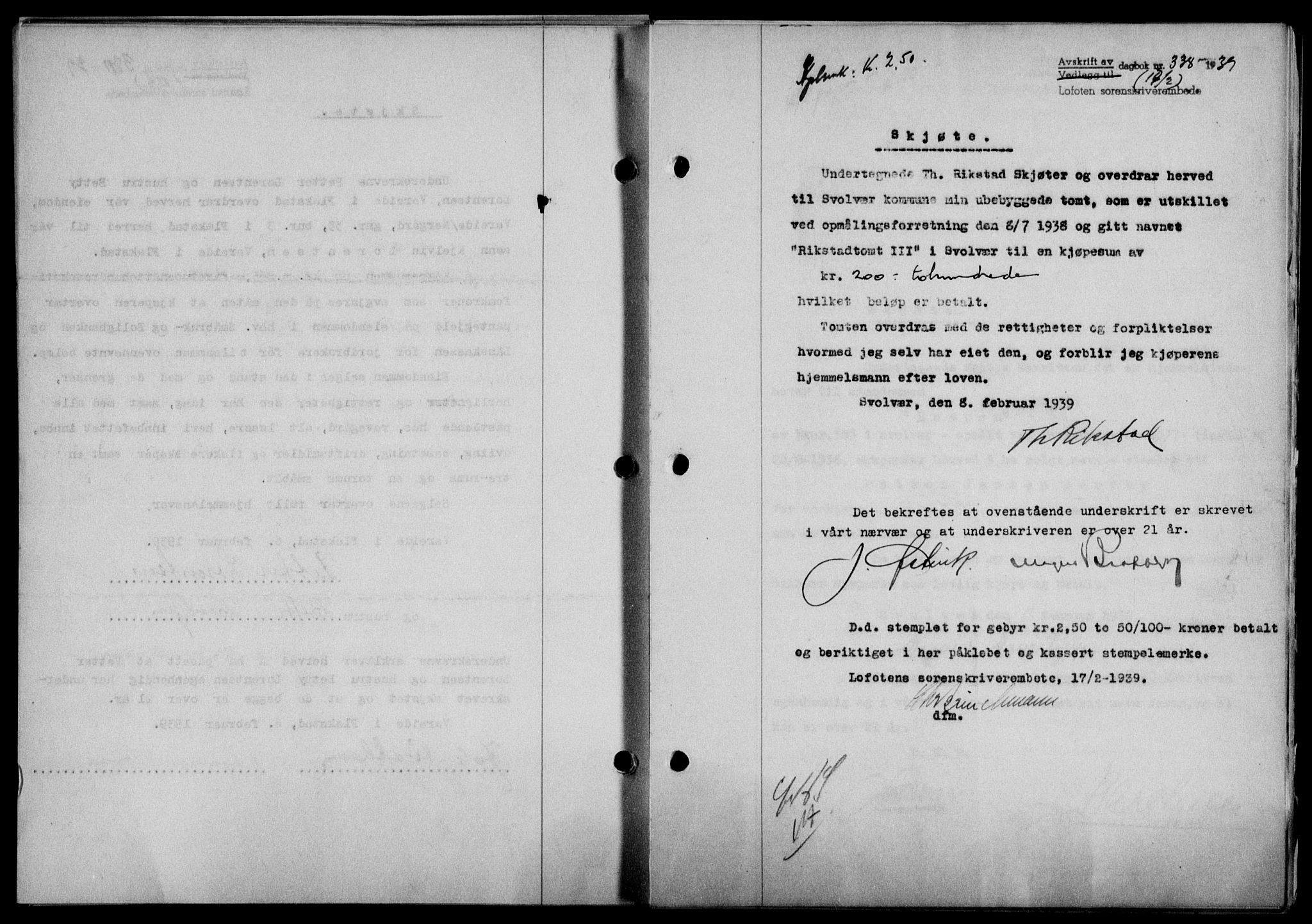 Lofoten sorenskriveri, SAT/A-0017/1/2/2C/L0005a: Mortgage book no. 5a, 1939-1939, Diary no: : 338/1939