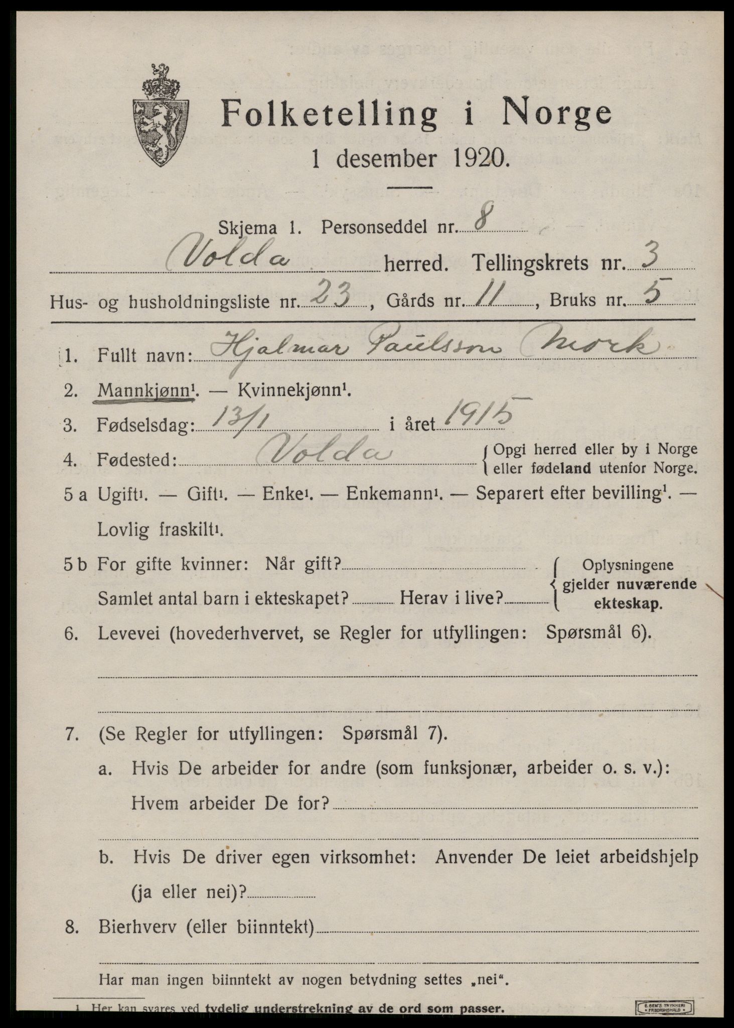 SAT, 1920 census for Volda, 1920, p. 2634