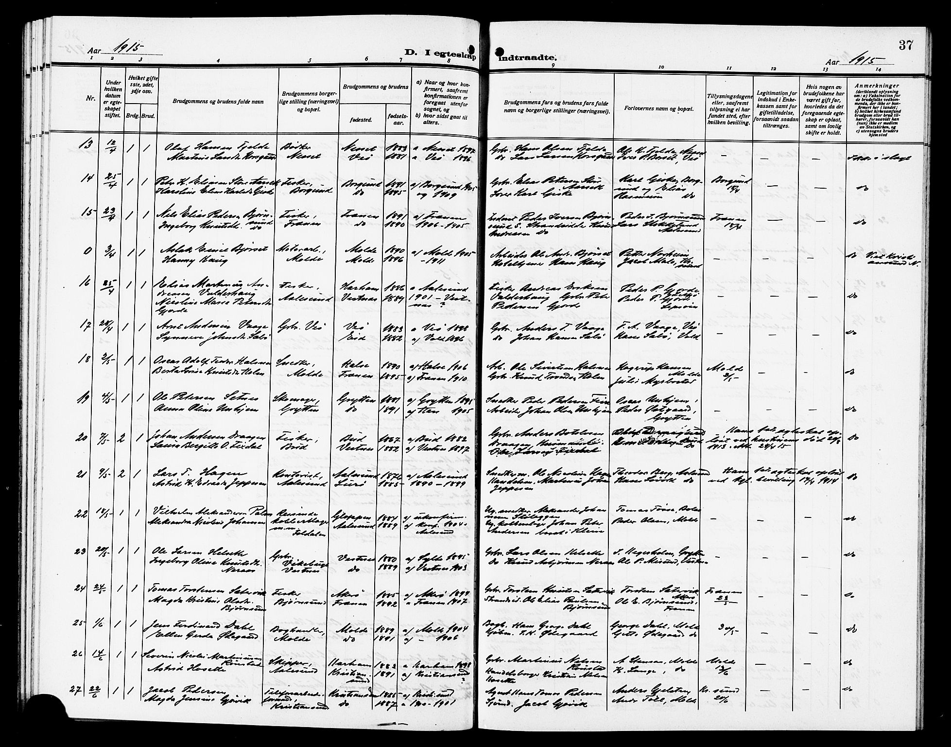 Ministerialprotokoller, klokkerbøker og fødselsregistre - Møre og Romsdal, SAT/A-1454/558/L0703: Parish register (copy) no. 558C04, 1906-1921, p. 37