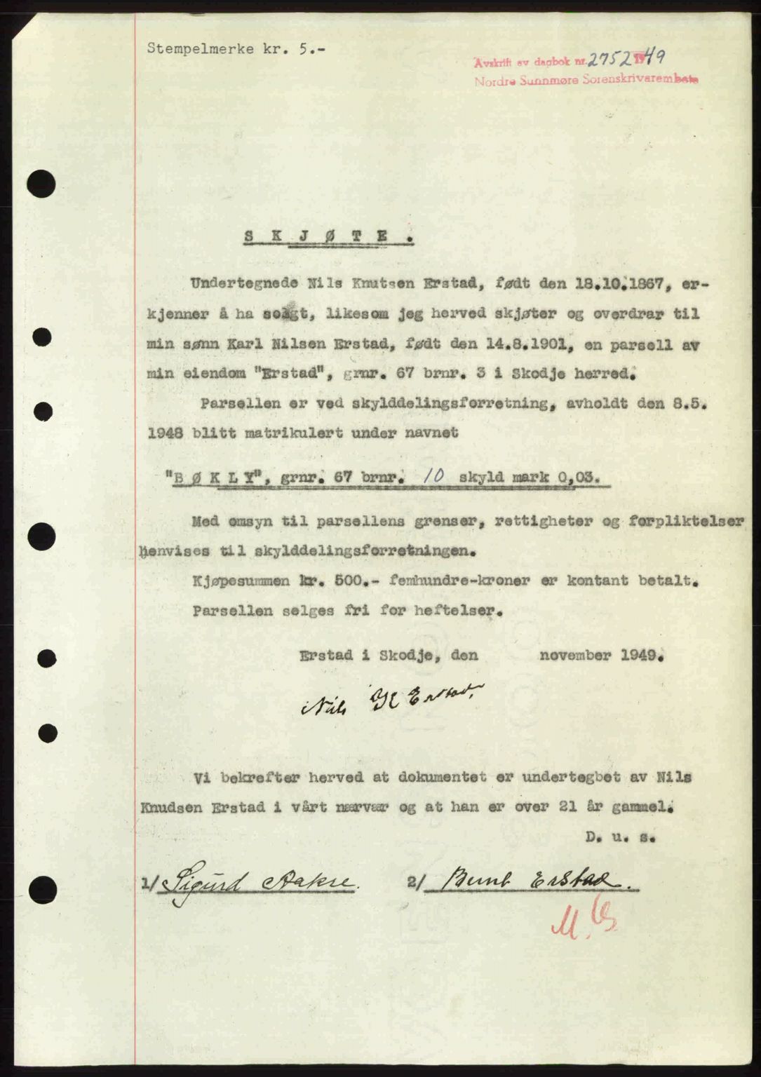 Nordre Sunnmøre sorenskriveri, AV/SAT-A-0006/1/2/2C/2Ca: Mortgage book no. A33, 1949-1950, Diary no: : 2752/1949