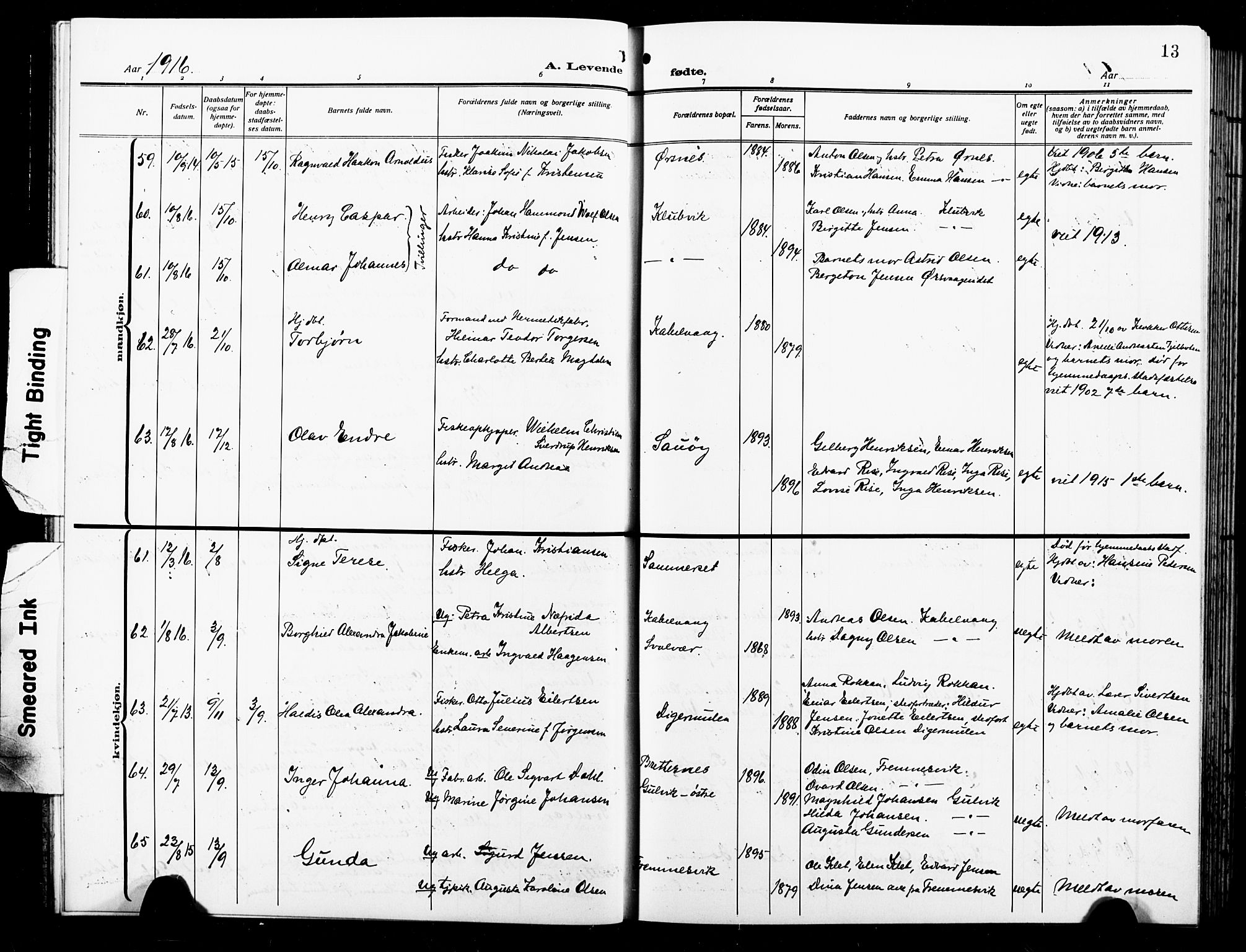 Ministerialprotokoller, klokkerbøker og fødselsregistre - Nordland, AV/SAT-A-1459/874/L1080: Parish register (copy) no. 874C09, 1915-1925, p. 13