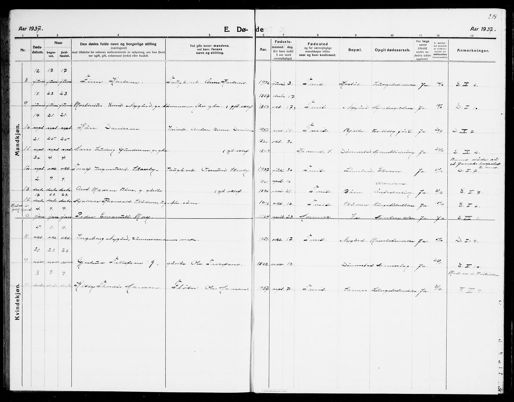 Tveit sokneprestkontor, AV/SAK-1111-0043/F/Fb/L0005: Parish register (copy) no. B 5, 1915-1941, p. 218