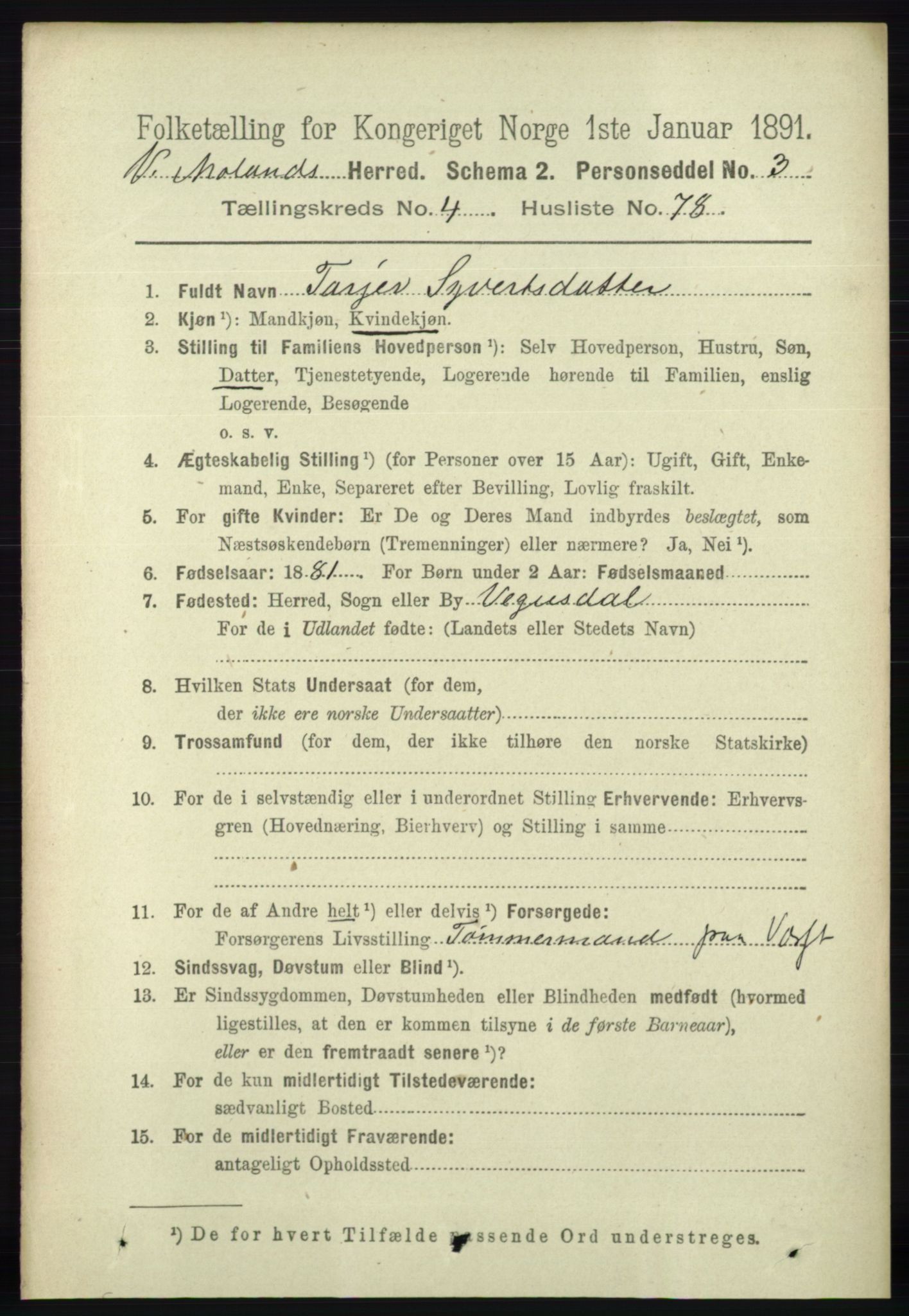 RA, 1891 census for 0926 Vestre Moland, 1891, p. 1744