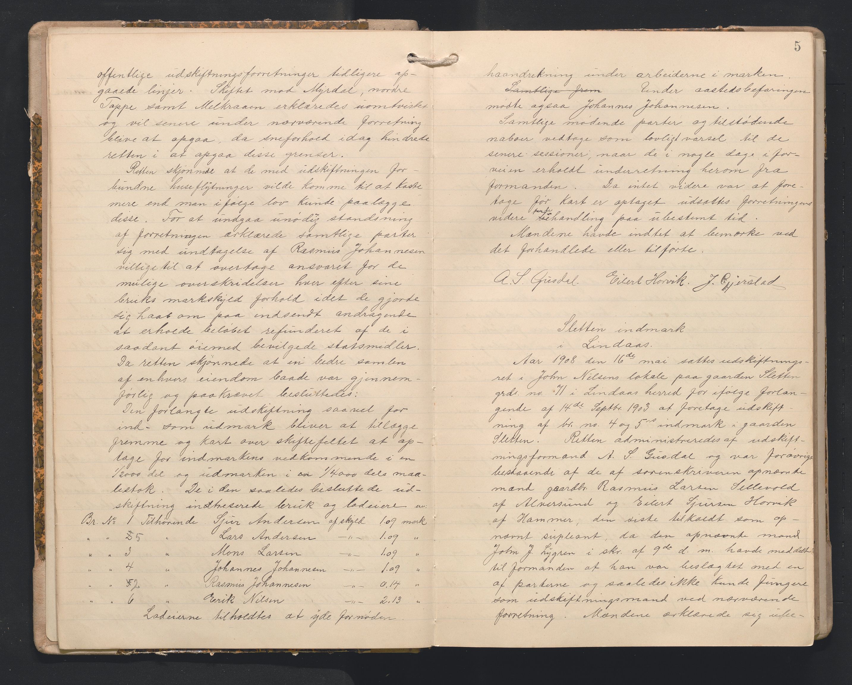 Hordaland jordskiftedøme - I Nordhordland jordskiftedistrikt, AV/SAB-A-6801/A/Aa/L0018: Forhandlingsprotokoll, 1908-1911, p. 4b-5a