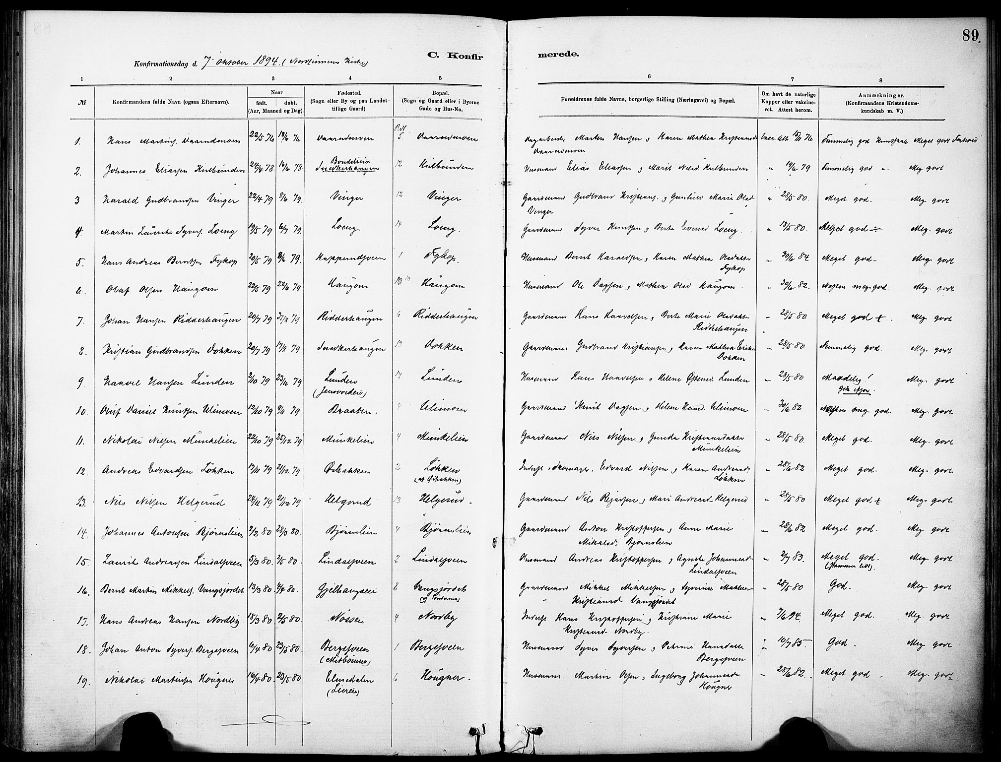 Nordre Land prestekontor, SAH/PREST-124/H/Ha/Haa/L0005: Parish register (official) no. 5, 1882-1903, p. 89