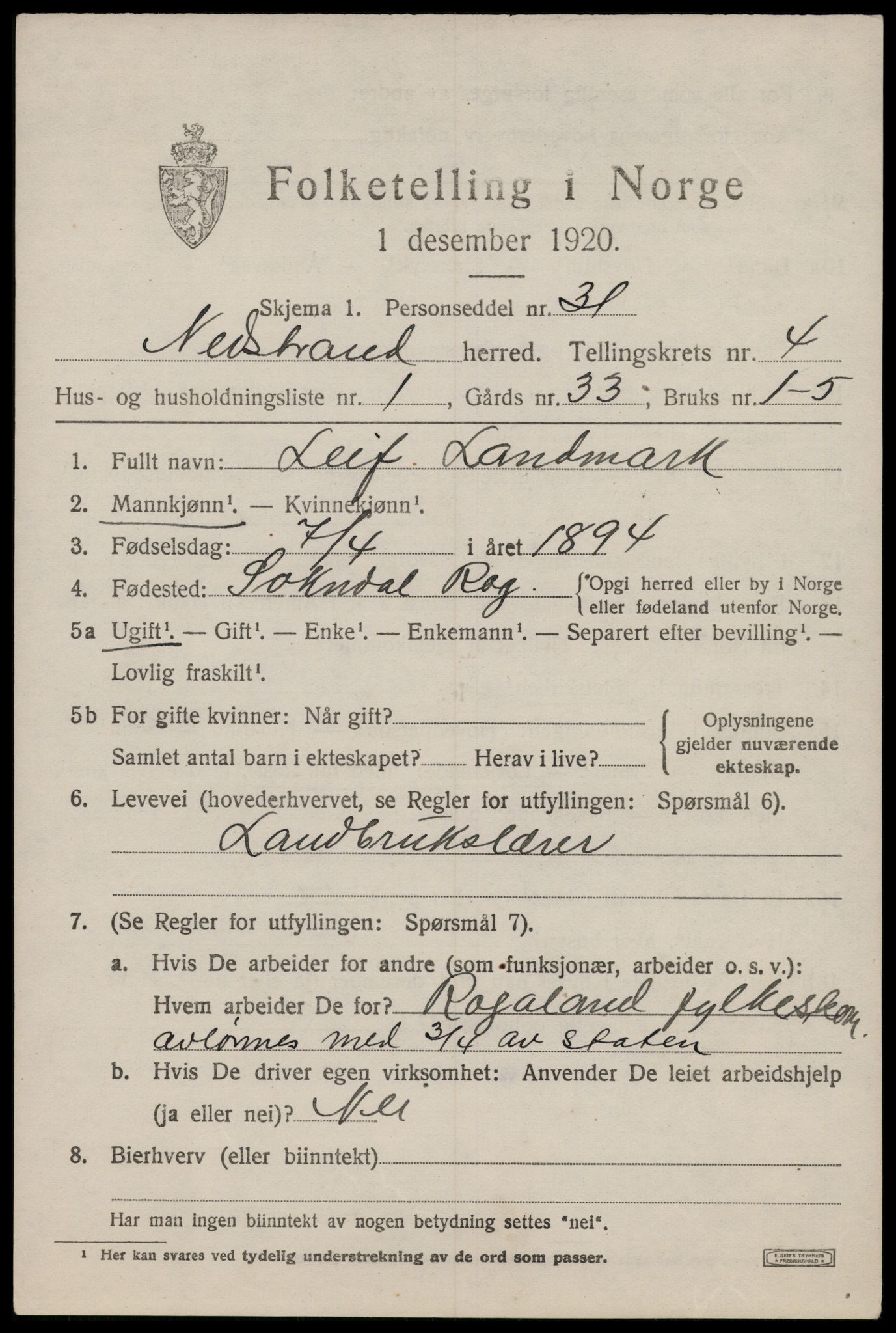 SAST, 1920 census for Nedstrand, 1920, p. 1789