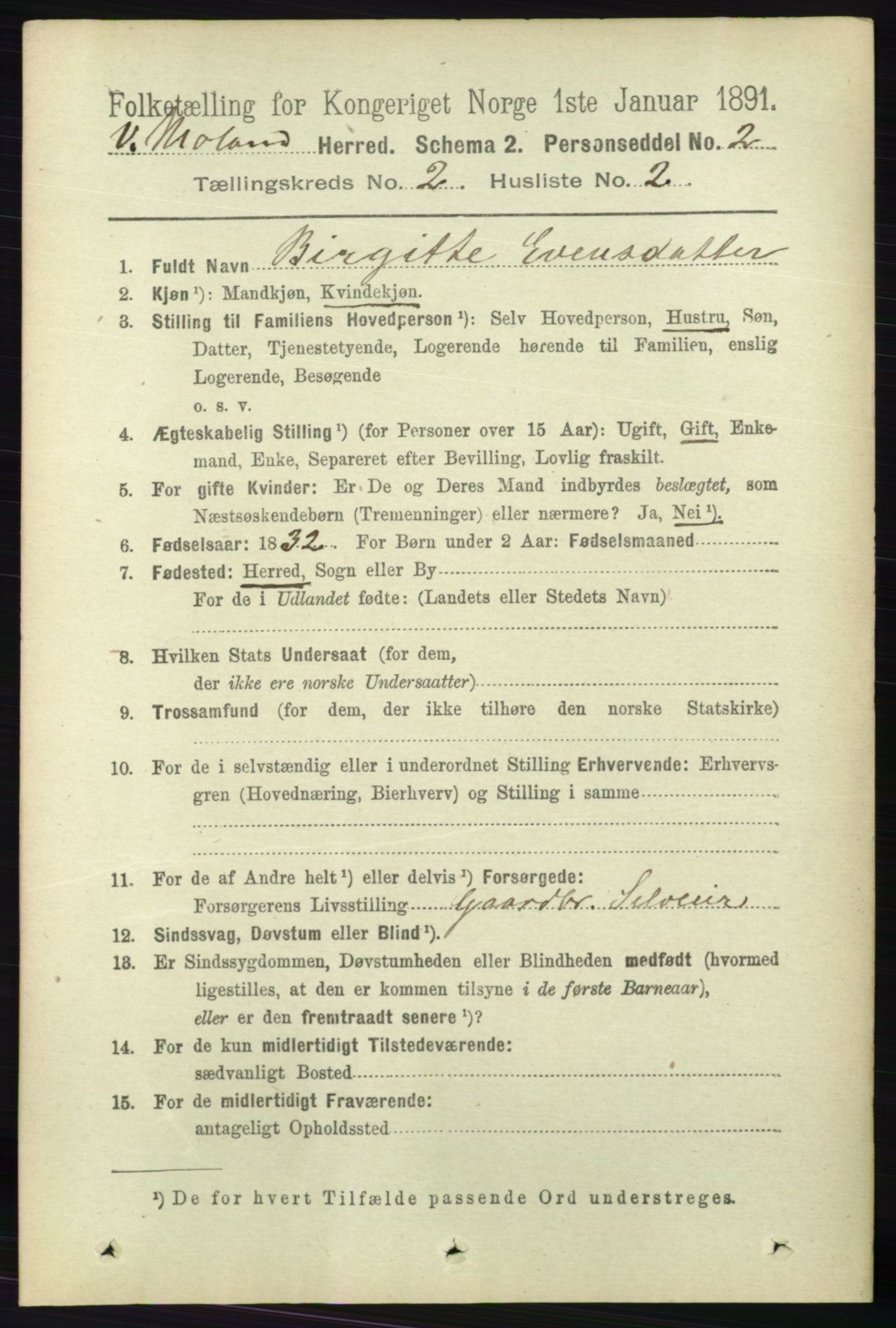 RA, 1891 census for 0926 Vestre Moland, 1891, p. 639