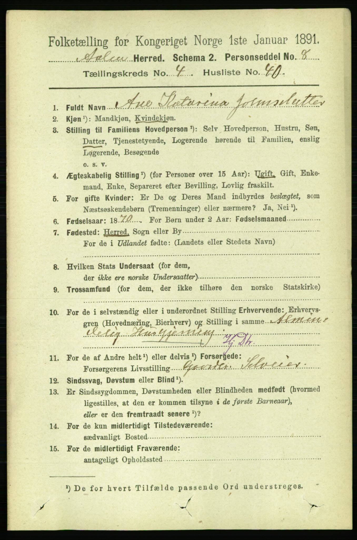 RA, 1891 census for 1644 Ålen, 1891, p. 1430