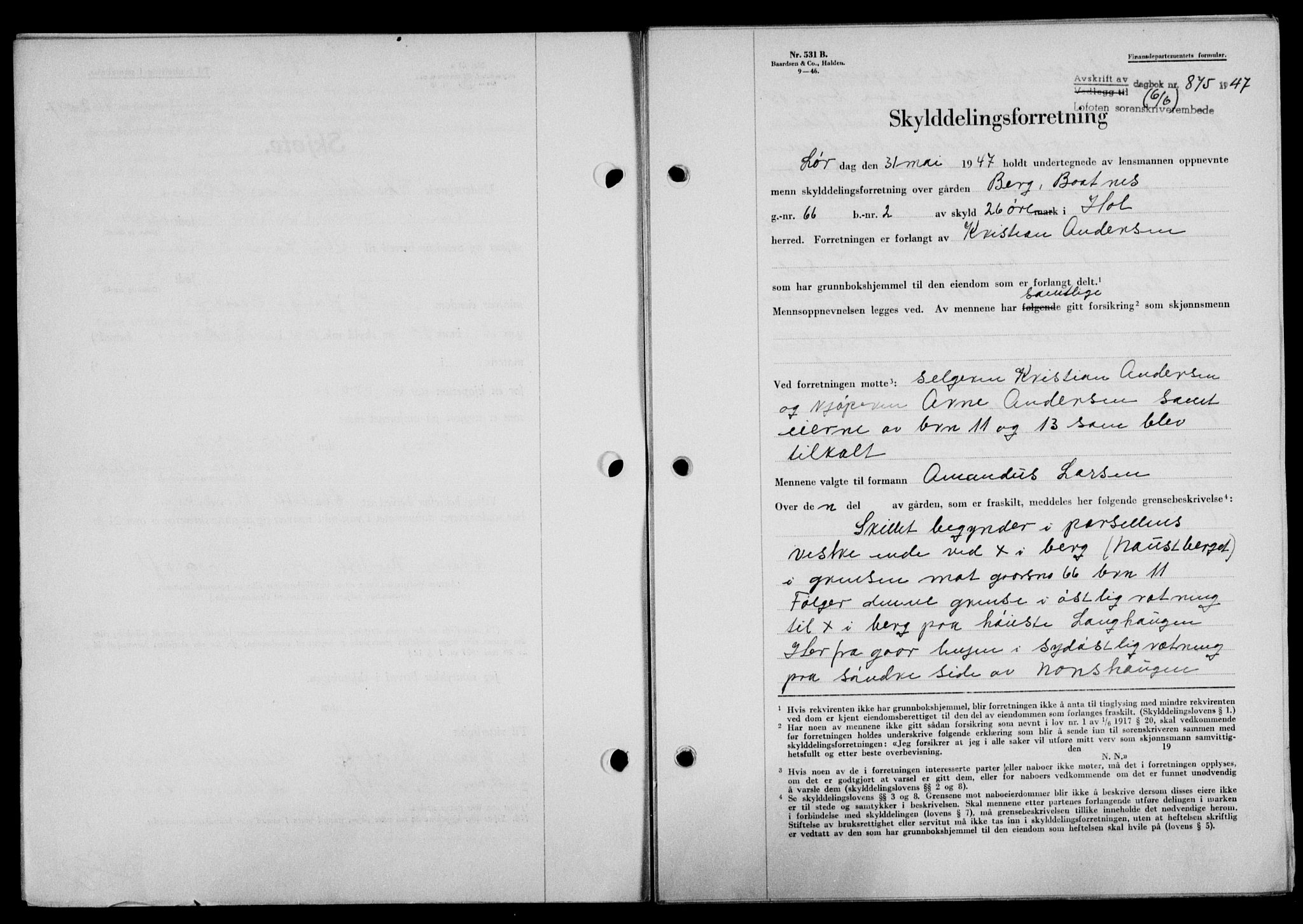Lofoten sorenskriveri, SAT/A-0017/1/2/2C/L0016a: Mortgage book no. 16a, 1947-1947, Diary no: : 875/1947