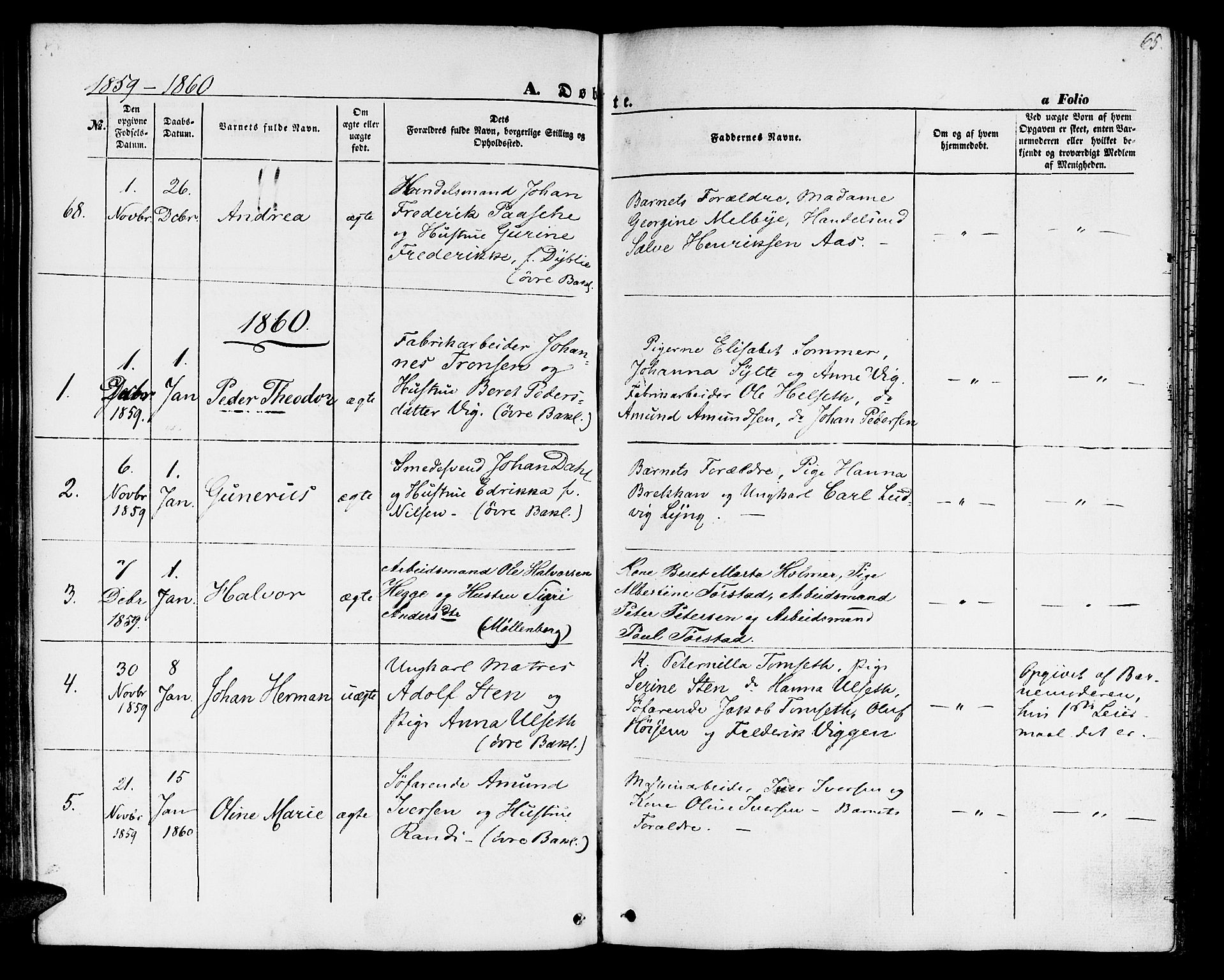 Ministerialprotokoller, klokkerbøker og fødselsregistre - Sør-Trøndelag, SAT/A-1456/604/L0184: Parish register (official) no. 604A05, 1851-1860, p. 65