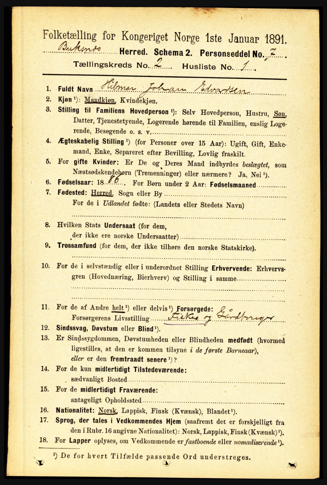 RA, 1891 census for 1860 Buksnes, 1891, p. 1600