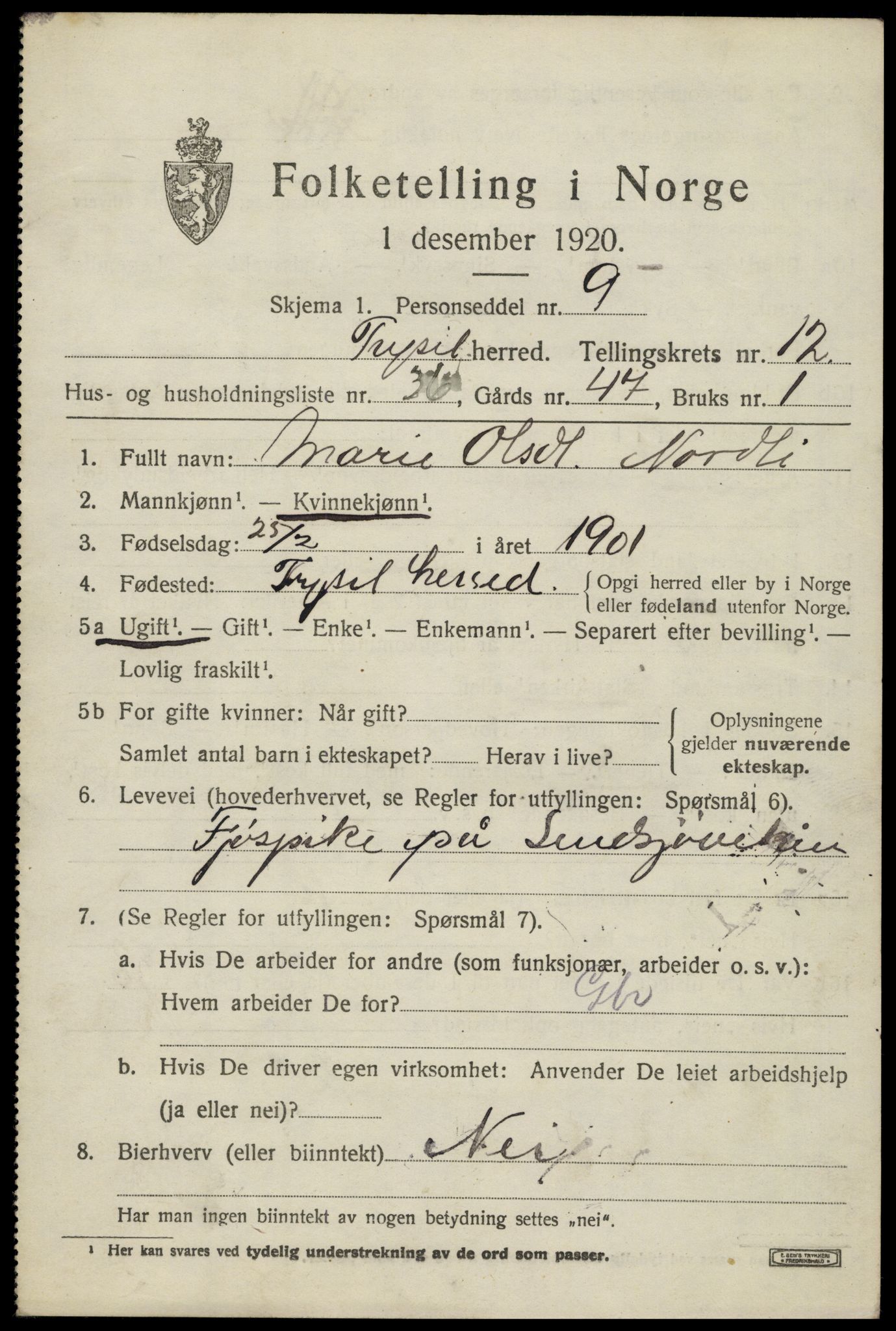 SAH, 1920 census for Trysil, 1920, p. 7603