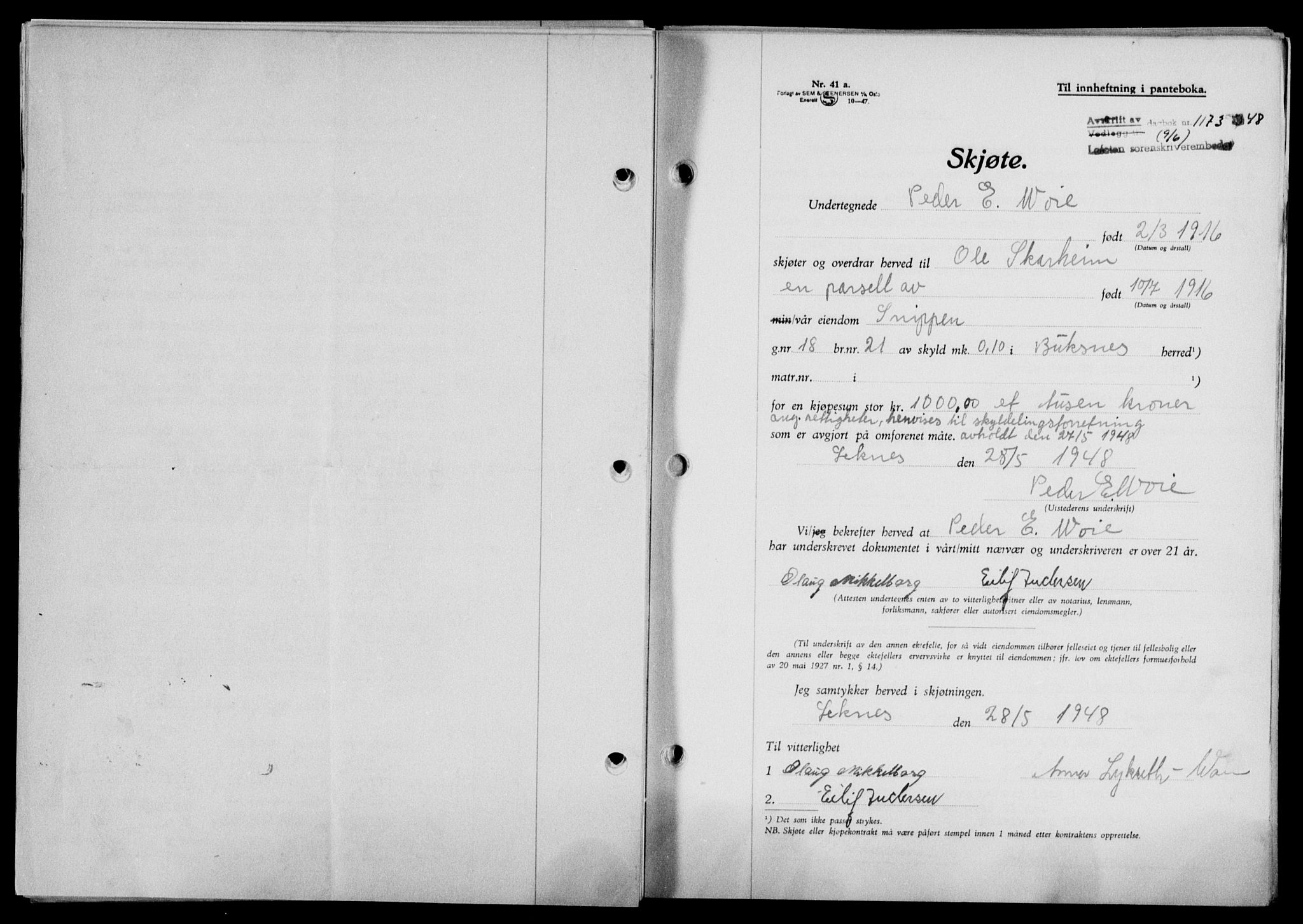 Lofoten sorenskriveri, SAT/A-0017/1/2/2C/L0018a: Mortgage book no. 18a, 1948-1948, Diary no: : 1173/1948