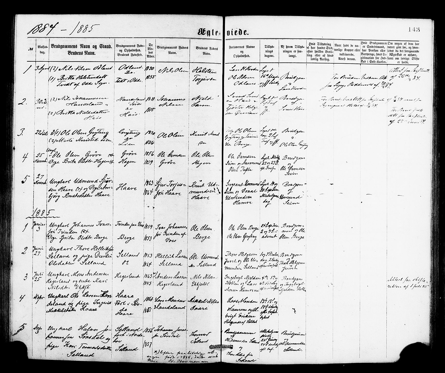 Røldal sokneprestembete, AV/SAB-A-100247: Parish register (official) no. A 4, 1870-1886, p. 143