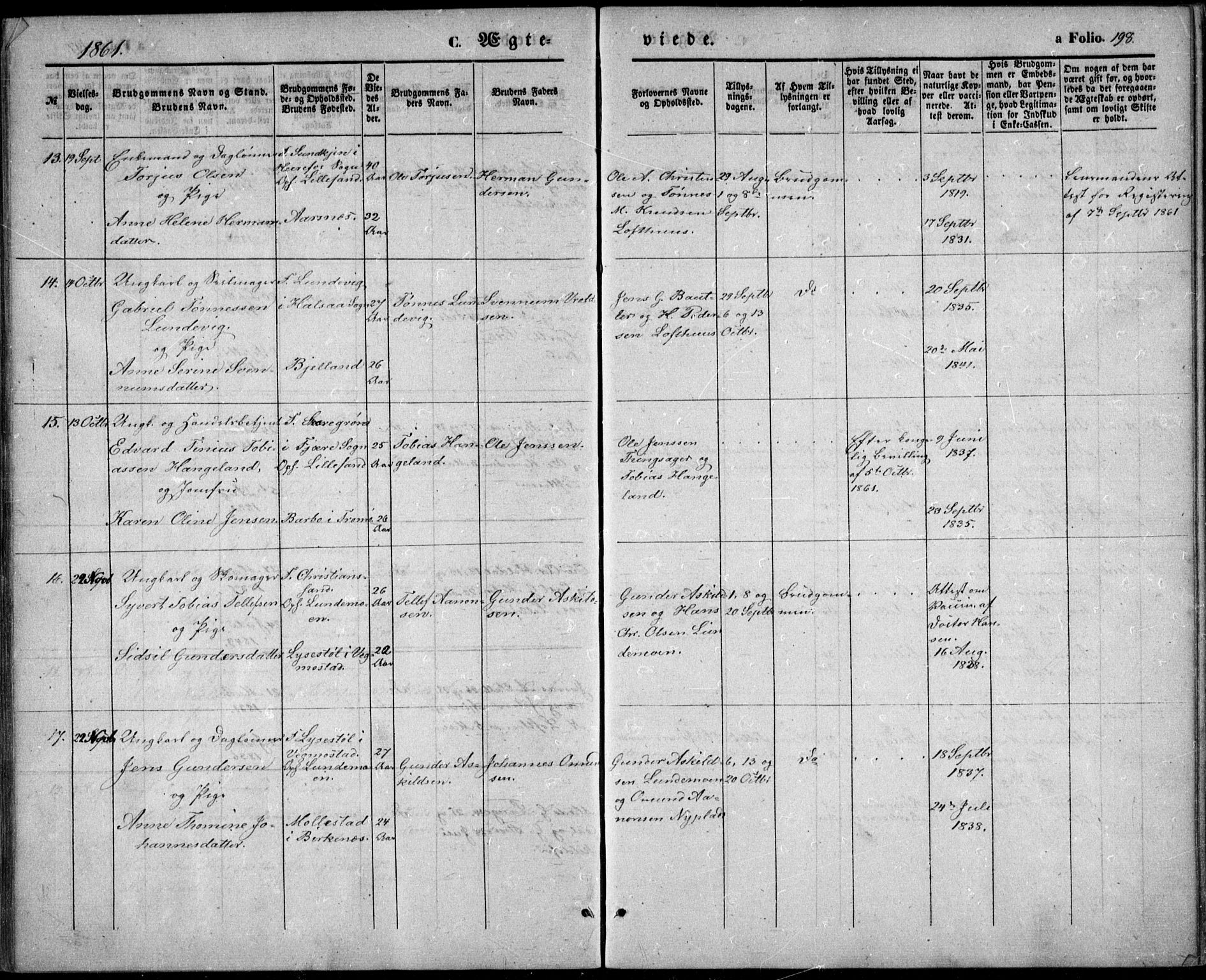 Vestre Moland sokneprestkontor, AV/SAK-1111-0046/F/Fb/Fbb/L0003: Parish register (copy) no. B 3, 1851-1861, p. 198