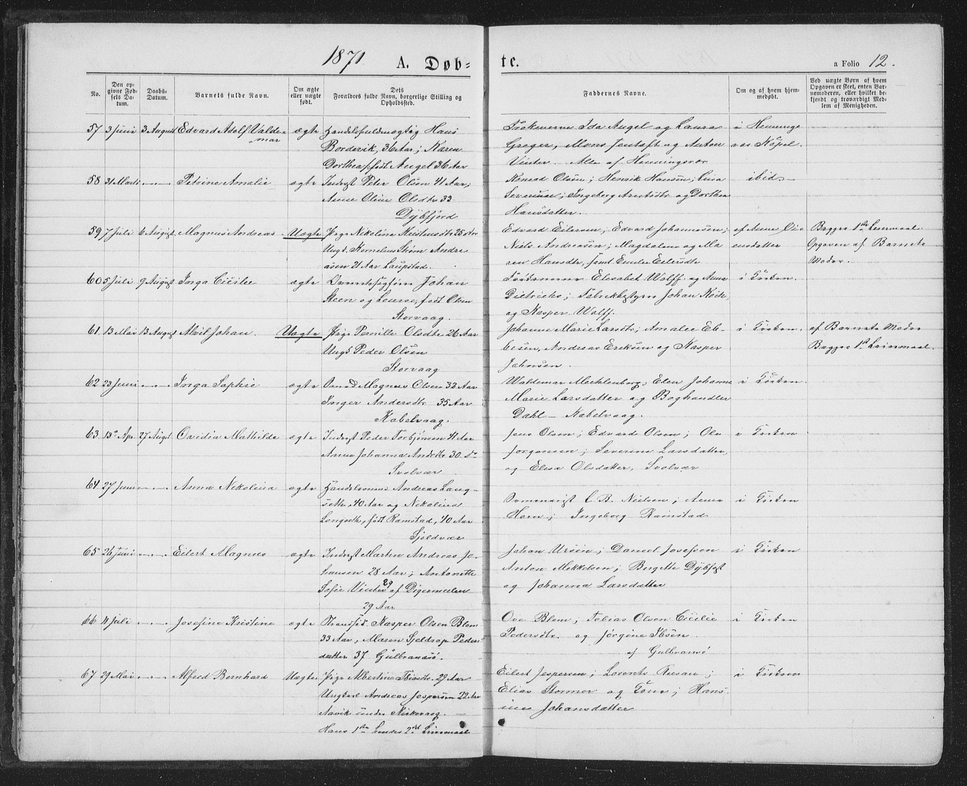 Ministerialprotokoller, klokkerbøker og fødselsregistre - Nordland, SAT/A-1459/874/L1074: Parish register (copy) no. 874C03, 1870-1876, p. 12