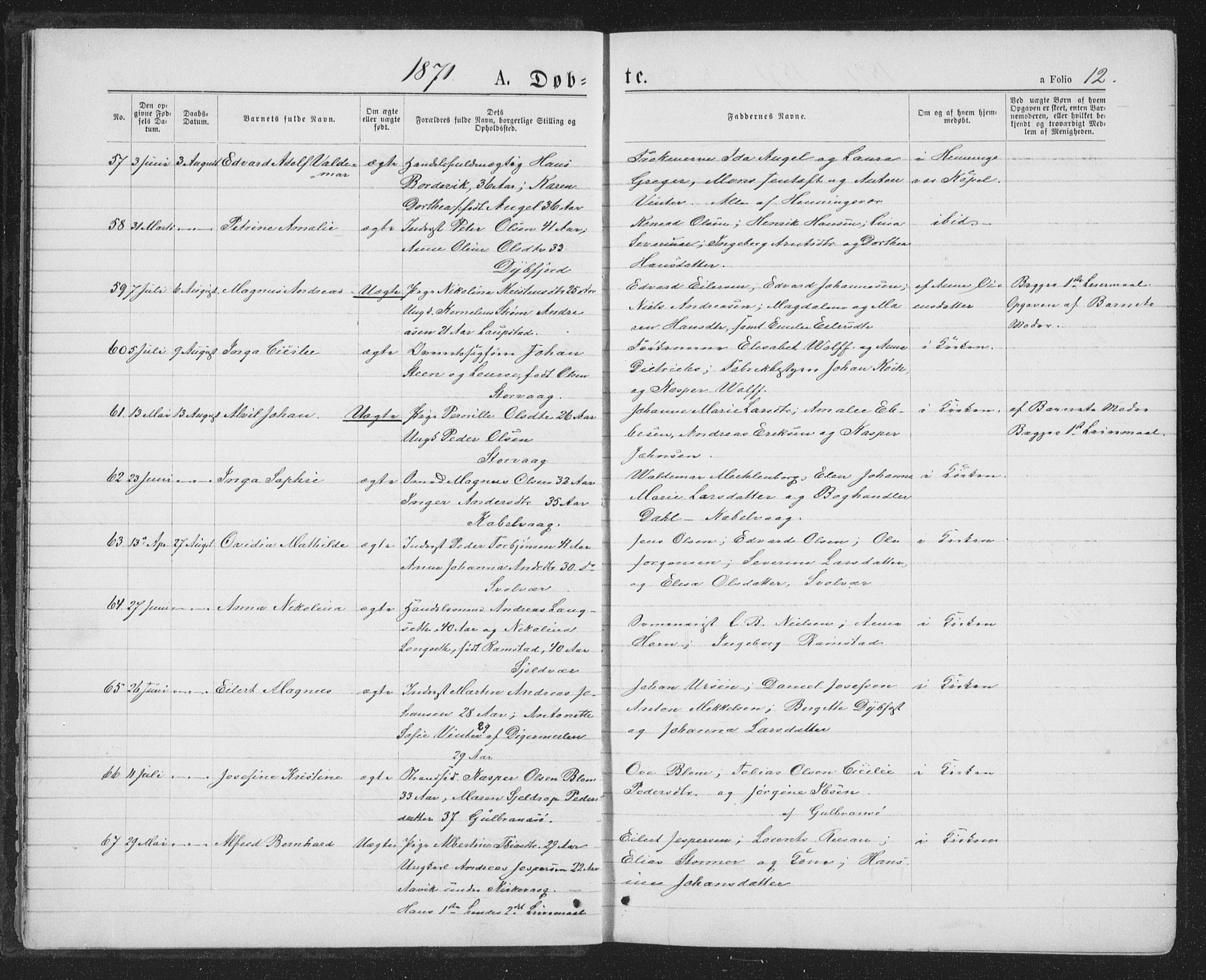 Ministerialprotokoller, klokkerbøker og fødselsregistre - Nordland, AV/SAT-A-1459/874/L1074: Parish register (copy) no. 874C03, 1870-1876, p. 12