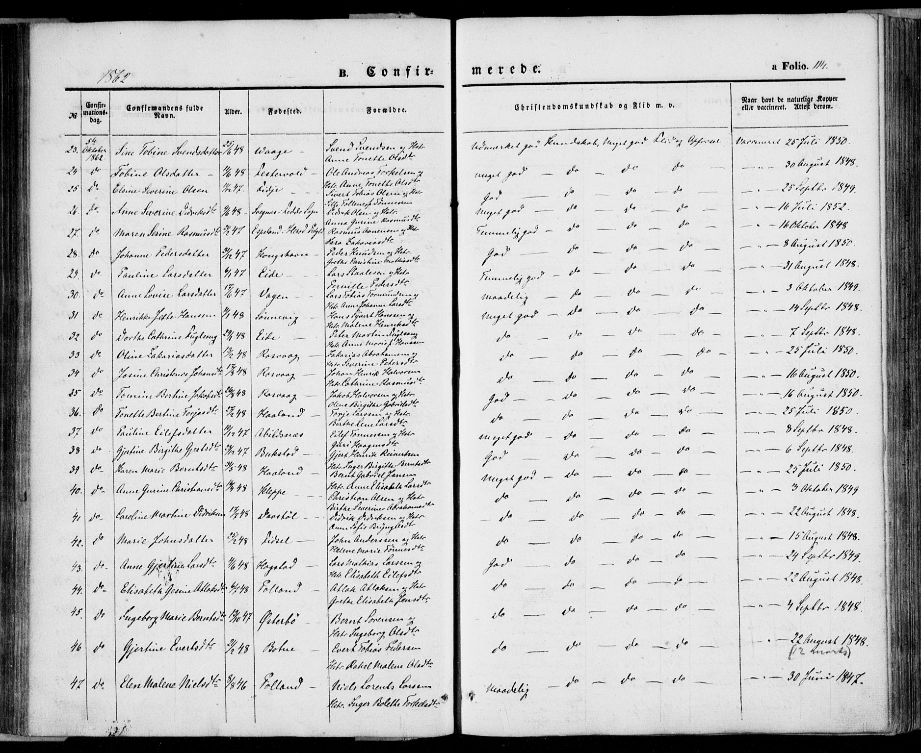 Flekkefjord sokneprestkontor, AV/SAK-1111-0012/F/Fa/Fab/L0004: Parish register (official) no. A 4, 1850-1875, p. 114