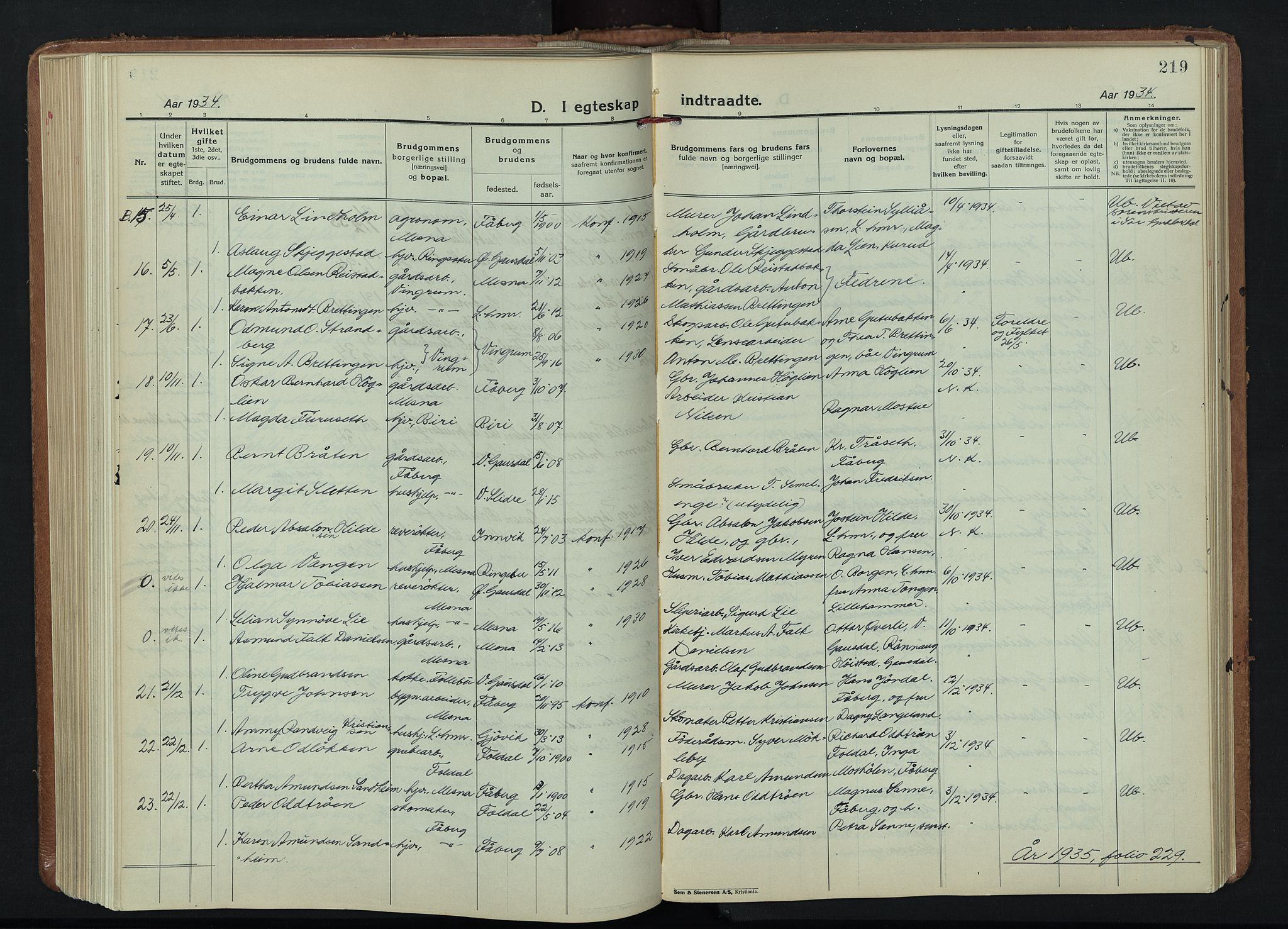 Fåberg prestekontor, SAH/PREST-086/H/Ha/Hab/L0015: Parish register (copy) no. 15, 1924-1949, p. 219