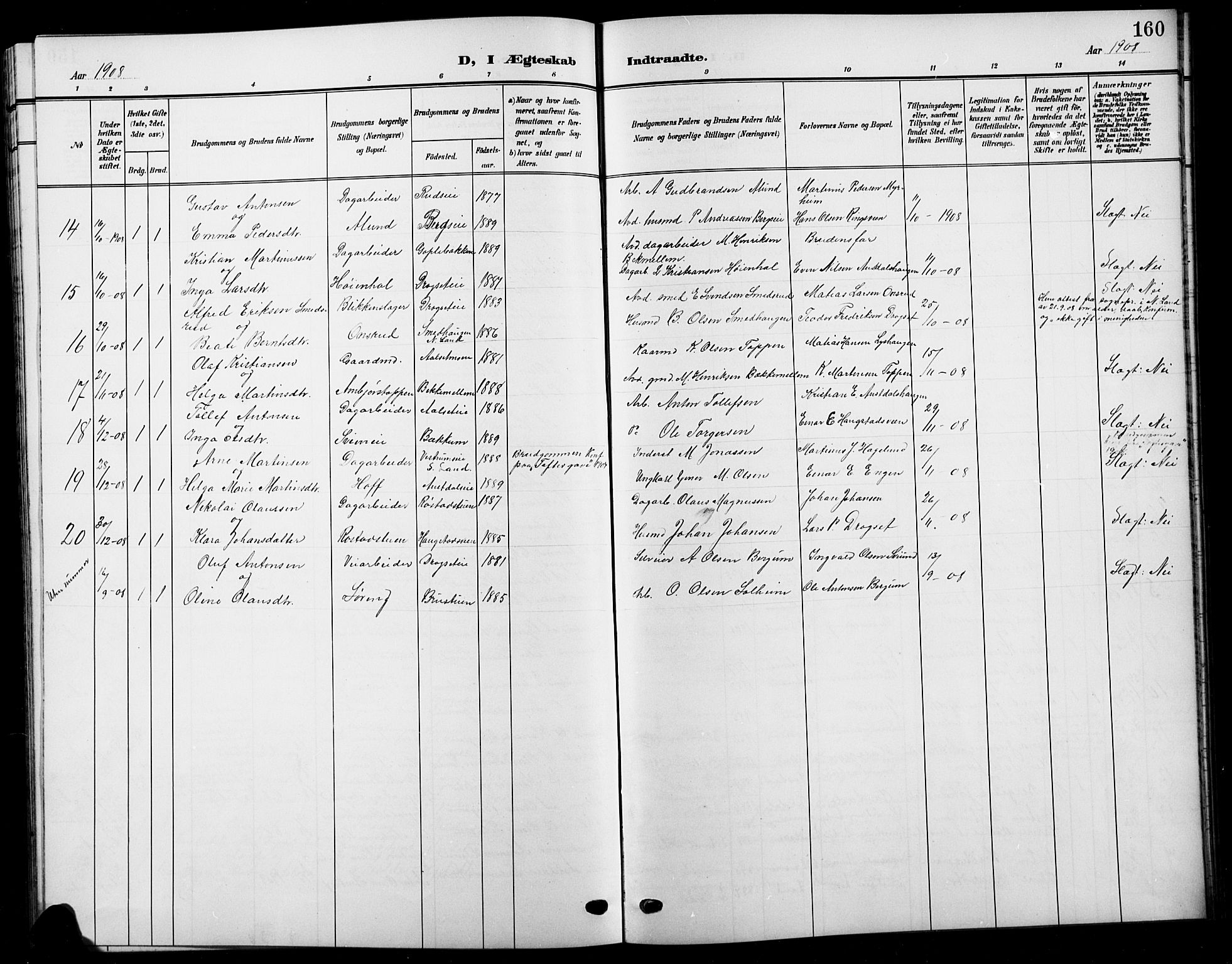 Biri prestekontor, SAH/PREST-096/H/Ha/Hab/L0005: Parish register (copy) no. 5, 1906-1919, p. 160