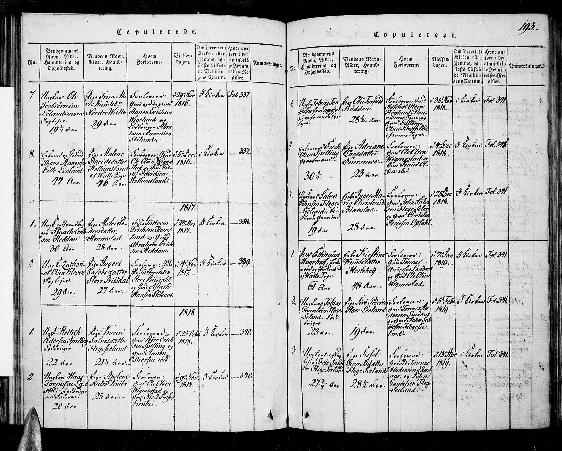 Nord-Audnedal sokneprestkontor, SAK/1111-0032/F/Fa/Fab/L0001: Parish register (official) no. A 1, 1816-1858, p. 193