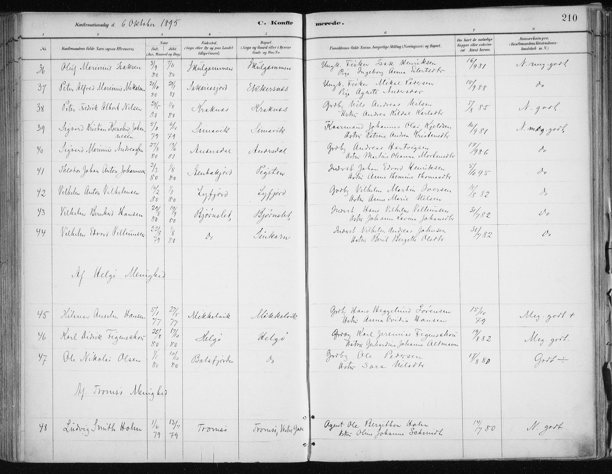 Tromsøysund sokneprestkontor, AV/SATØ-S-1304/G/Ga/L0005kirke: Parish register (official) no. 5, 1888-1896, p. 210