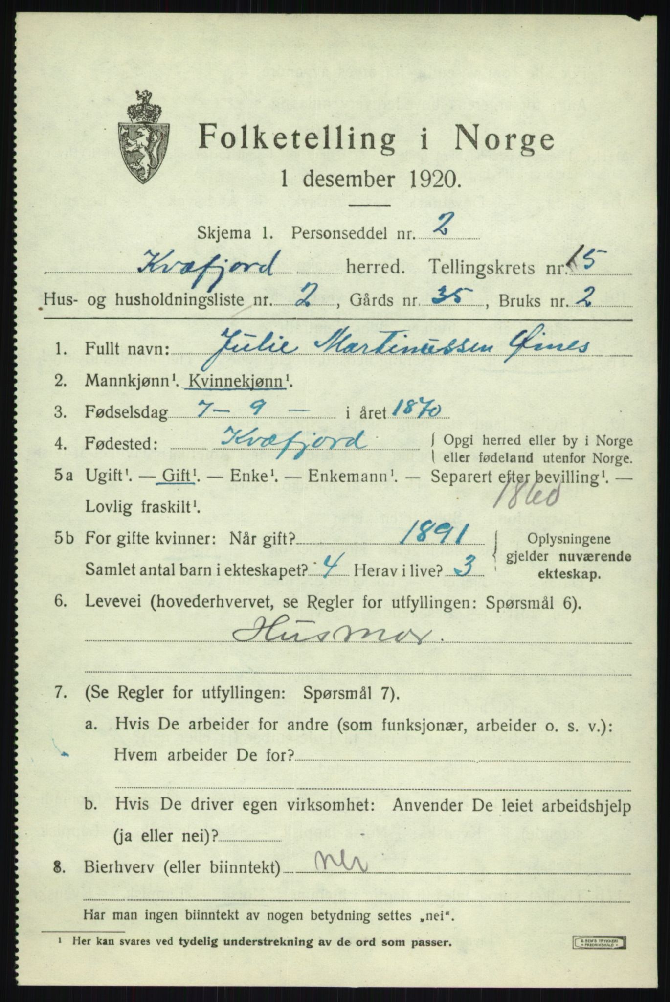 SATØ, 1920 census for Kvæfjord, 1920, p. 6923