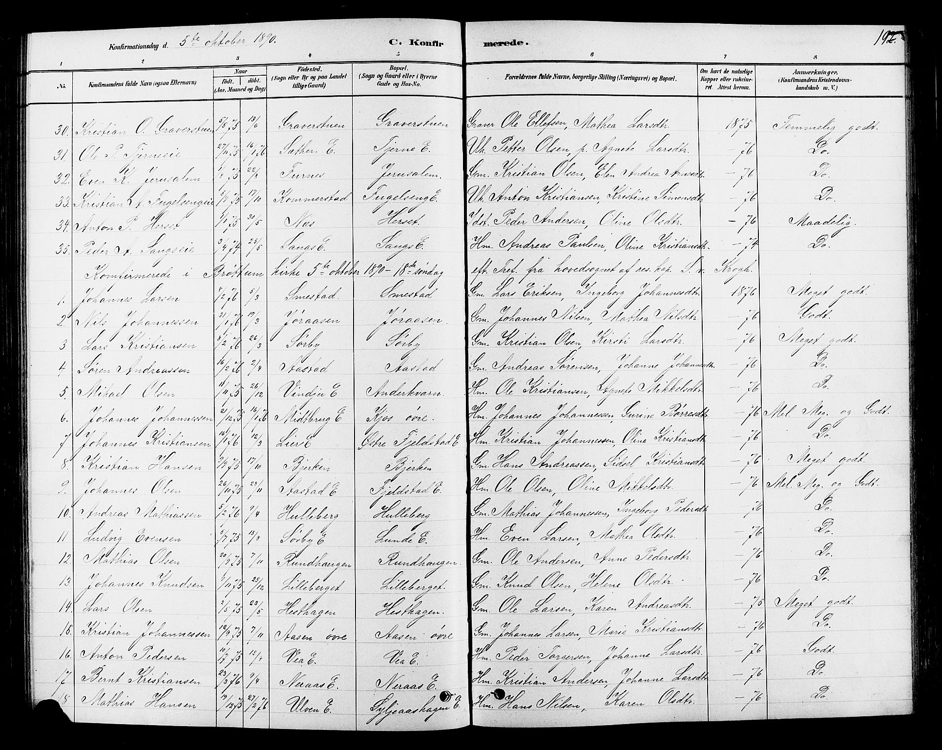 Ringsaker prestekontor, AV/SAH-PREST-014/L/La/L0009: Parish register (copy) no. 9, 1879-1890, p. 192