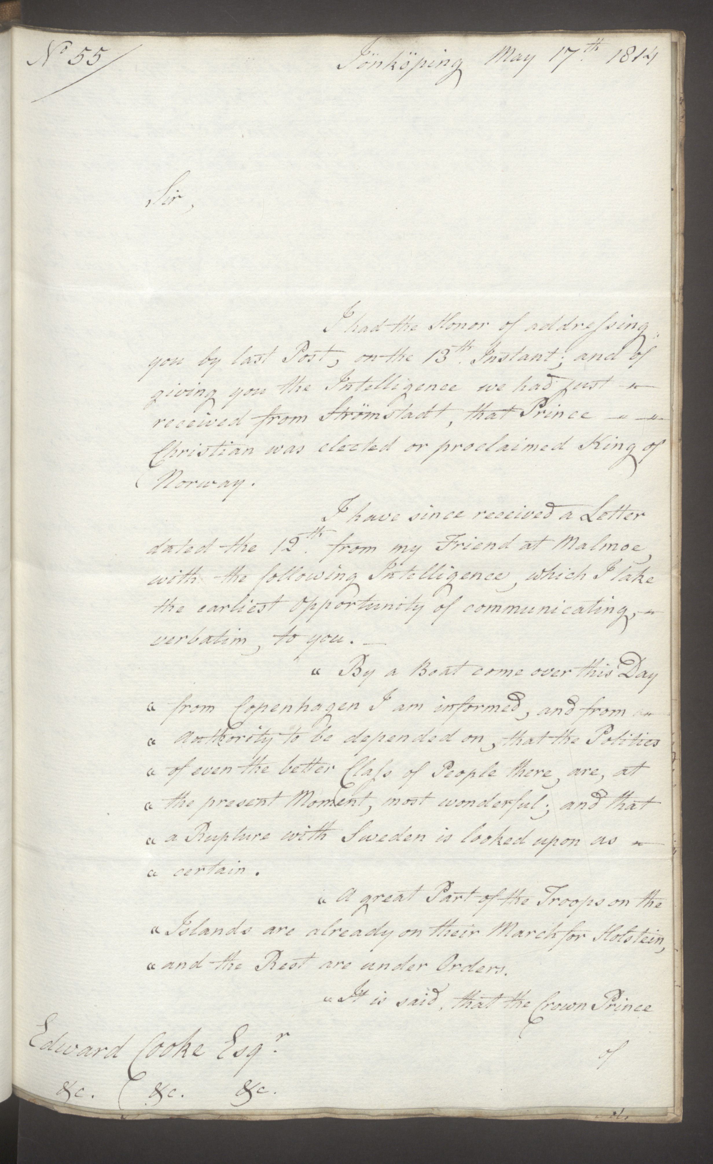 Foreign Office*, UKA/-/FO 38/16: Sir C. Gordon. Reports from Malmö, Jonkoping, and Helsingborg, 1814, p. 53