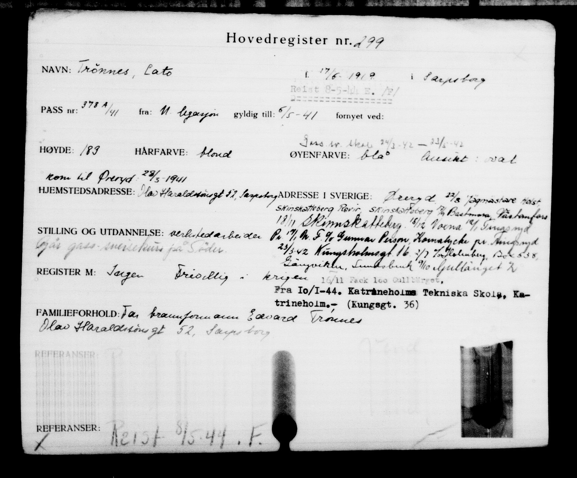 Utenriksstasjonene, Legasjonen i Stockholm, Flyktningkontoret, AV/RA-S-6753/V/Va/L0001: Kjesäterkartoteket, flyktninger med registreringsnr. 1-1000, 1940-1945, p. 478